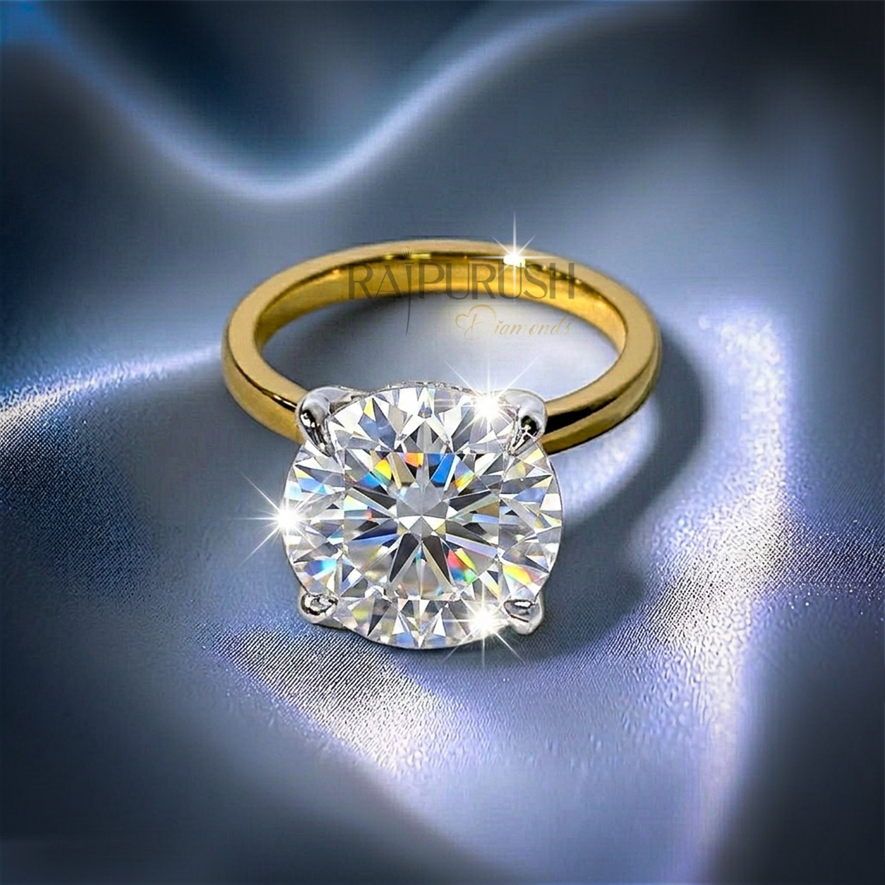 5 Carat round cut moissanite solitaire engagement ring with hidden halo detail in 14k gold plated silver