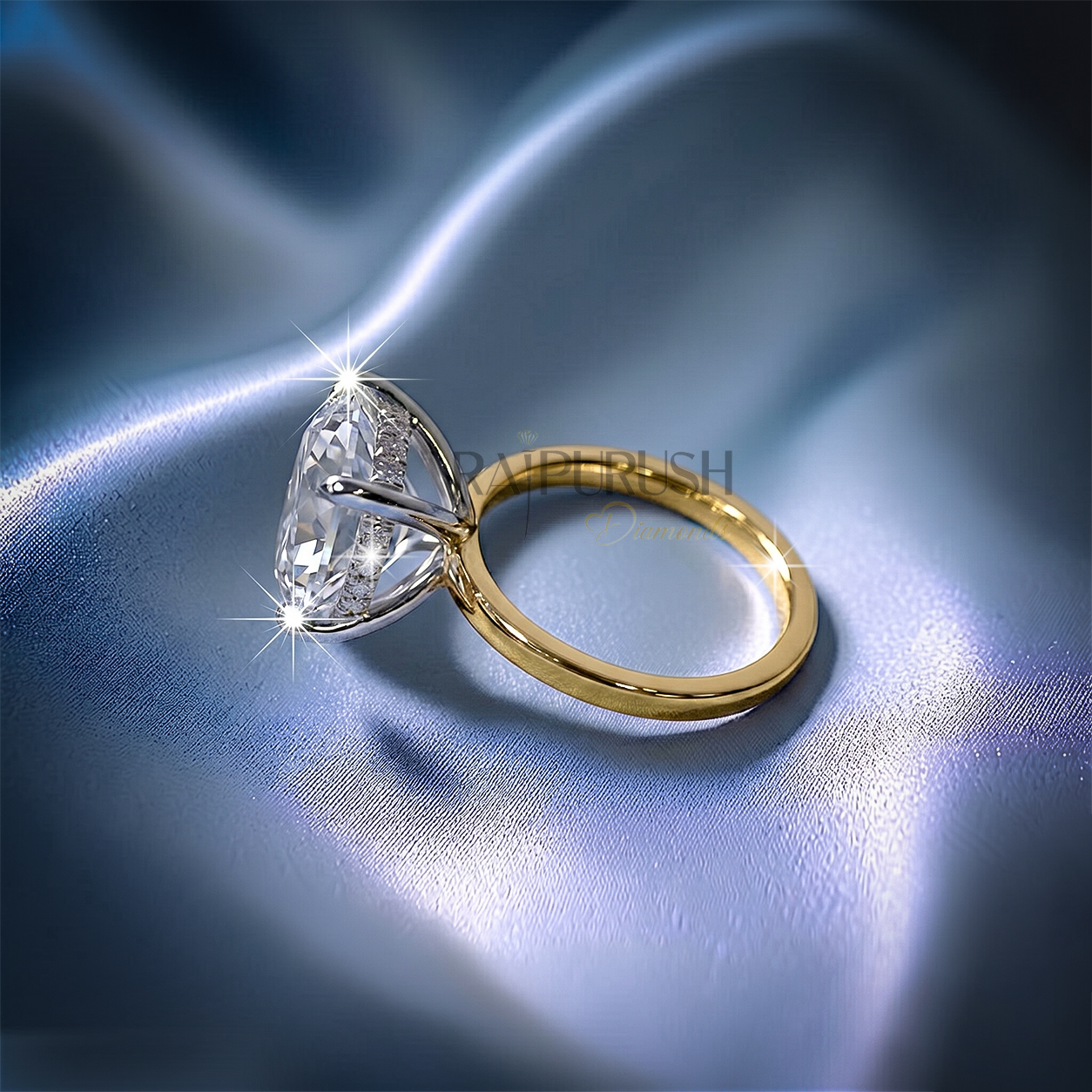5 Carat round cut moissanite solitaire engagement ring with hidden halo detail in 14k gold plated silver