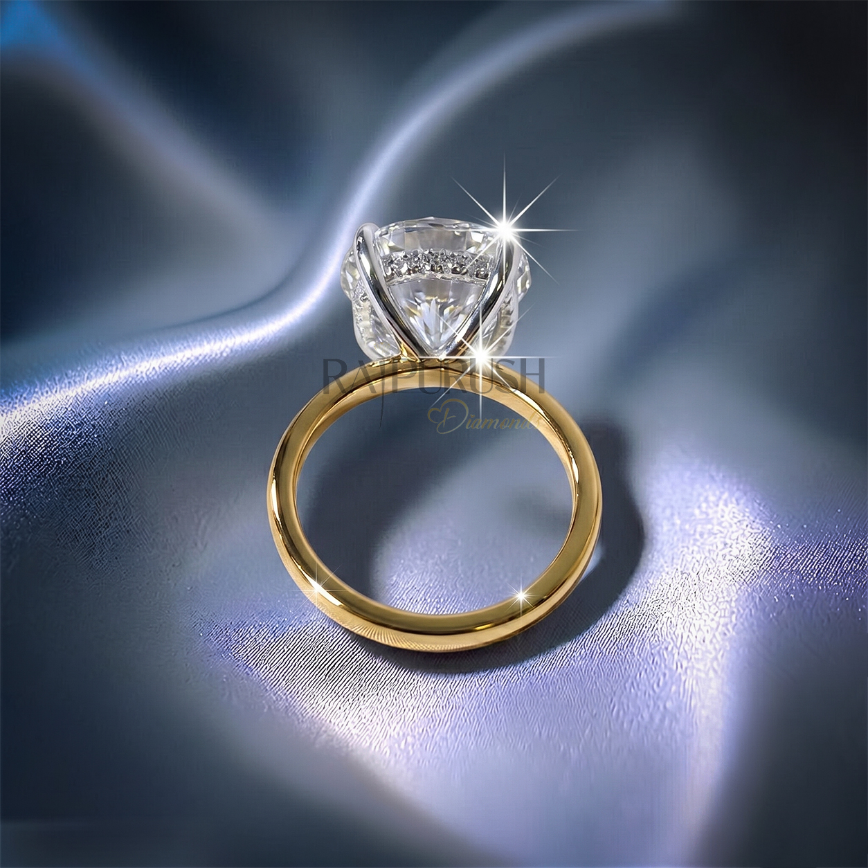 5 Carat round cut moissanite solitaire engagement ring with hidden halo detail in 14k gold plated silver