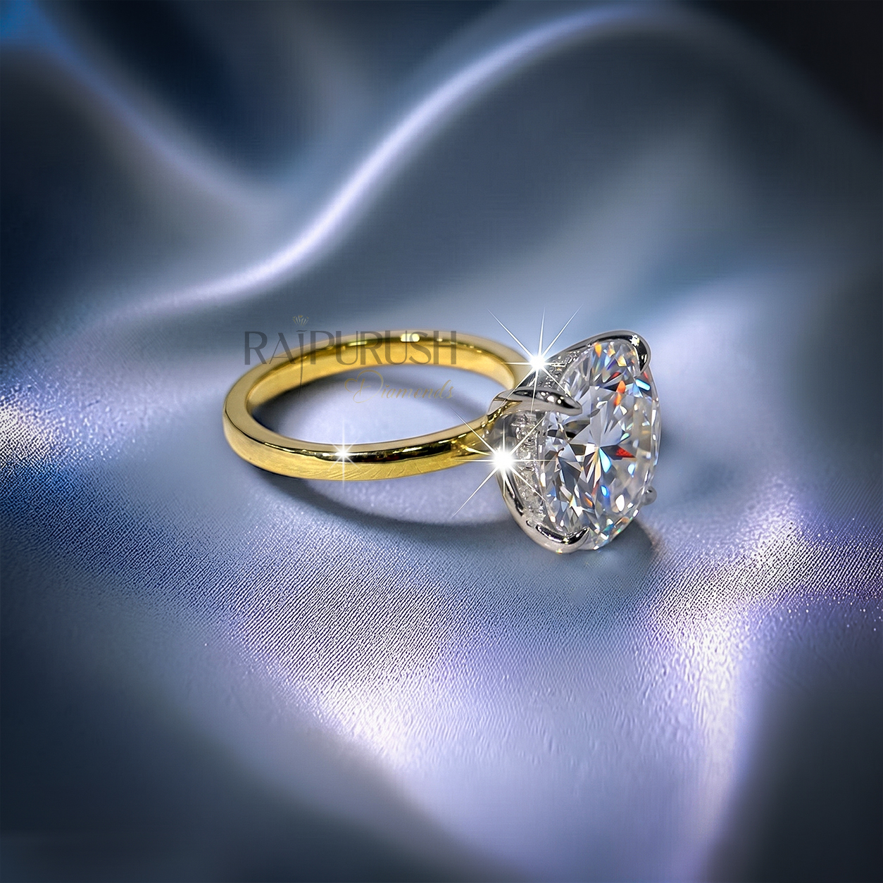 5 Carat round cut moissanite solitaire engagement ring with hidden halo detail in 14k gold plated silver