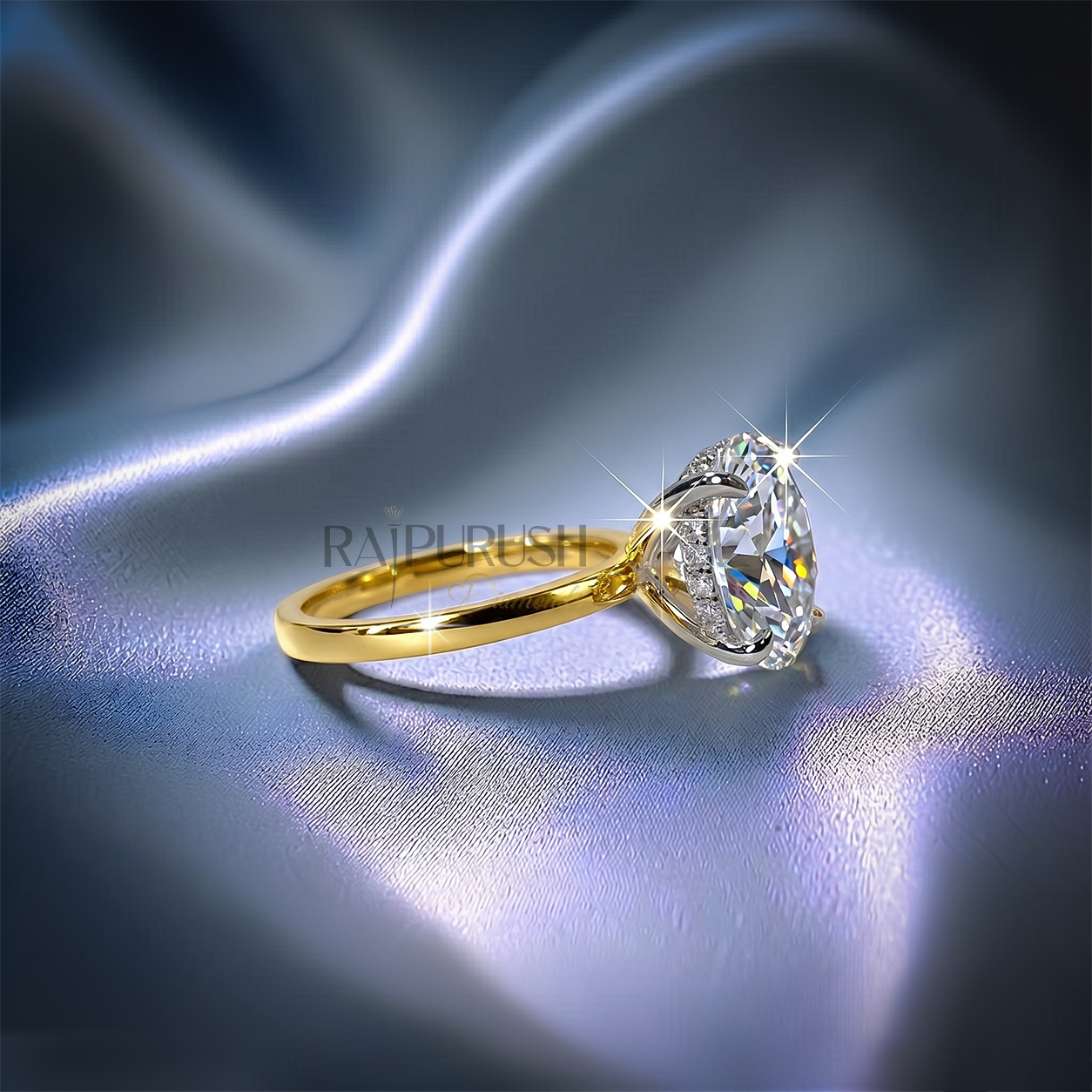 5 Carat round cut moissanite solitaire engagement ring with hidden halo detail in 14k gold plated silver