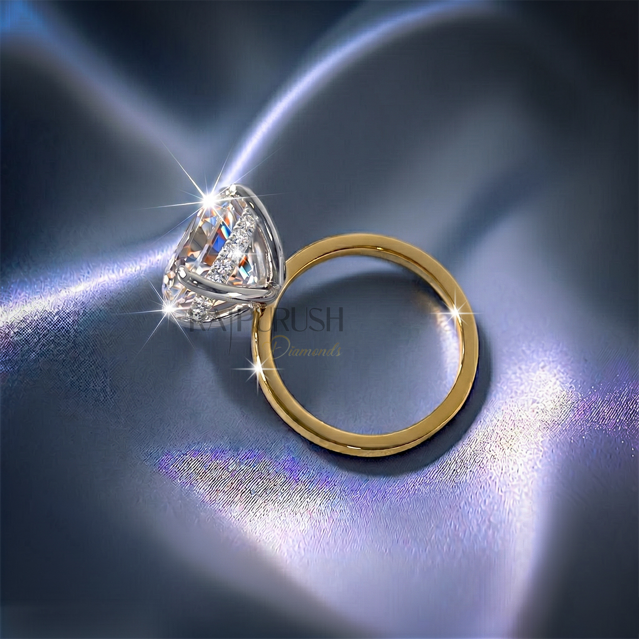 5 Carat round cut moissanite solitaire engagement ring with hidden halo detail in 14k gold plated silver