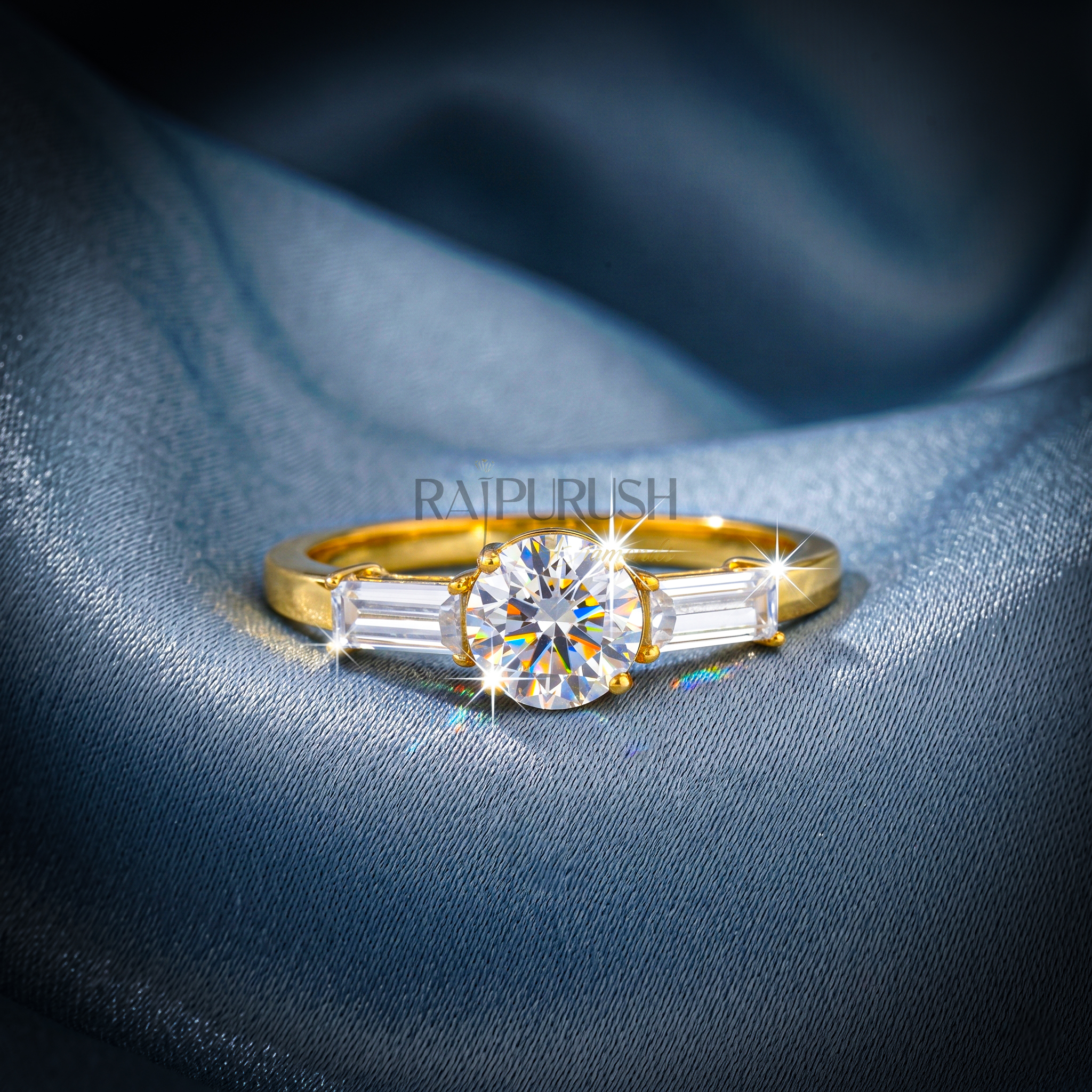 Elegant three-stone engagement ring featuring a round brilliant moissanite center with baguette side stones in 14k gold-plated silver.