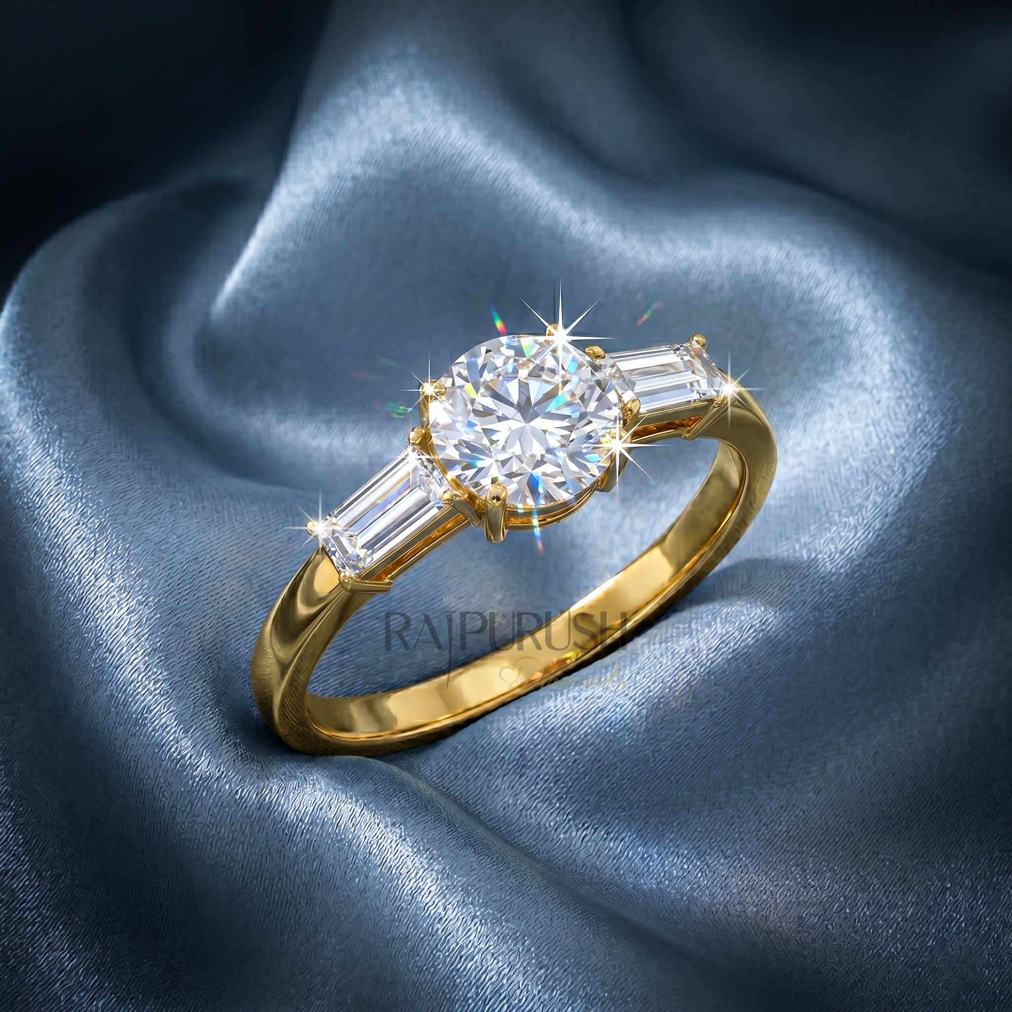 Elegant three-stone engagement ring featuring a round brilliant moissanite center with baguette side stones in 14k gold-plated silver.