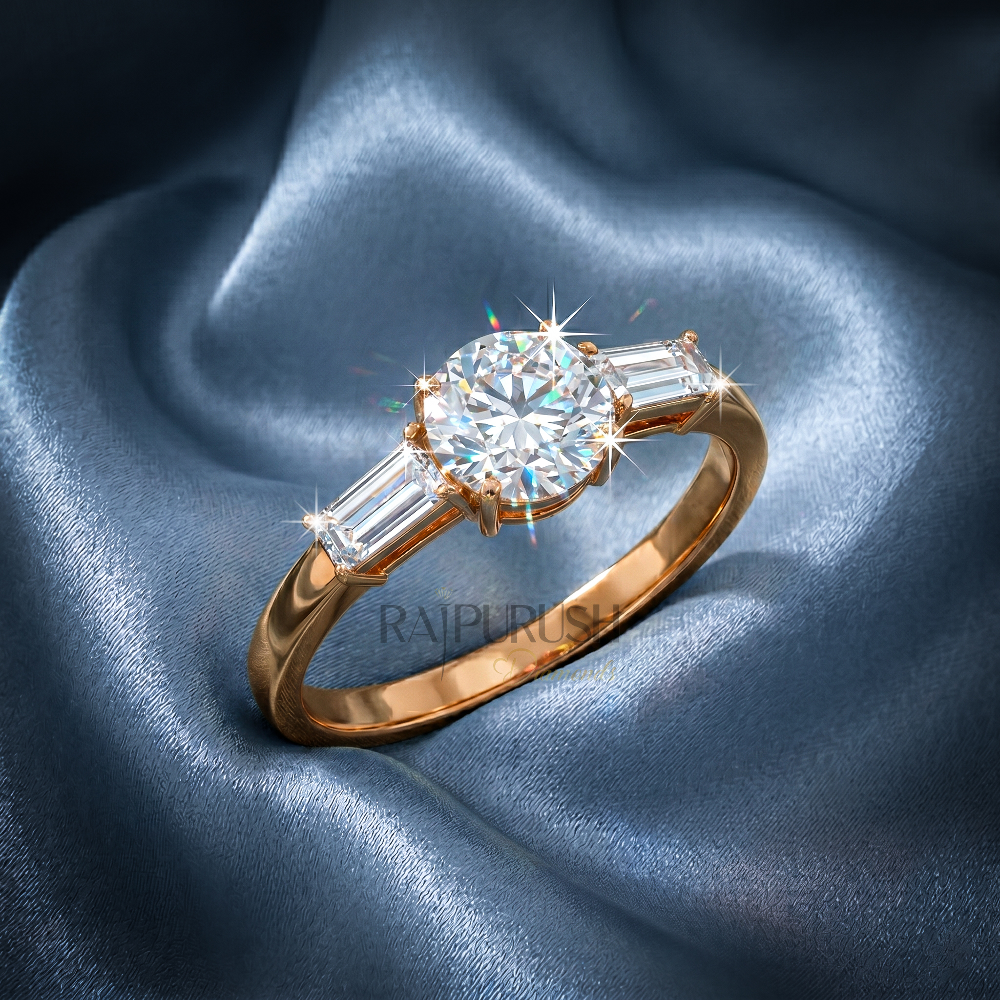 Elegant three-stone engagement ring featuring a round brilliant moissanite center with baguette side stones in 14k gold-plated silver.