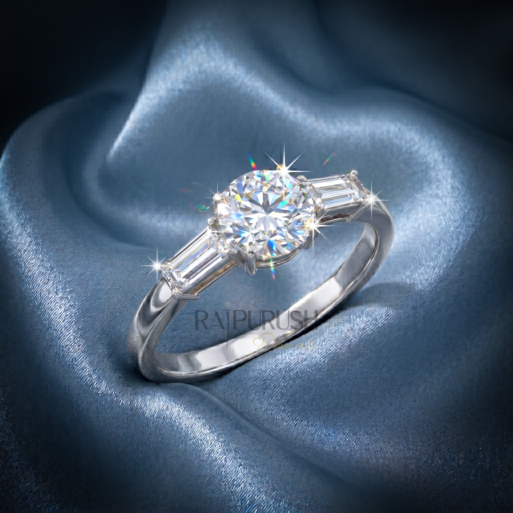 Elegant three-stone engagement ring featuring a round brilliant moissanite center with baguette side stones in 14k gold-plated silver.