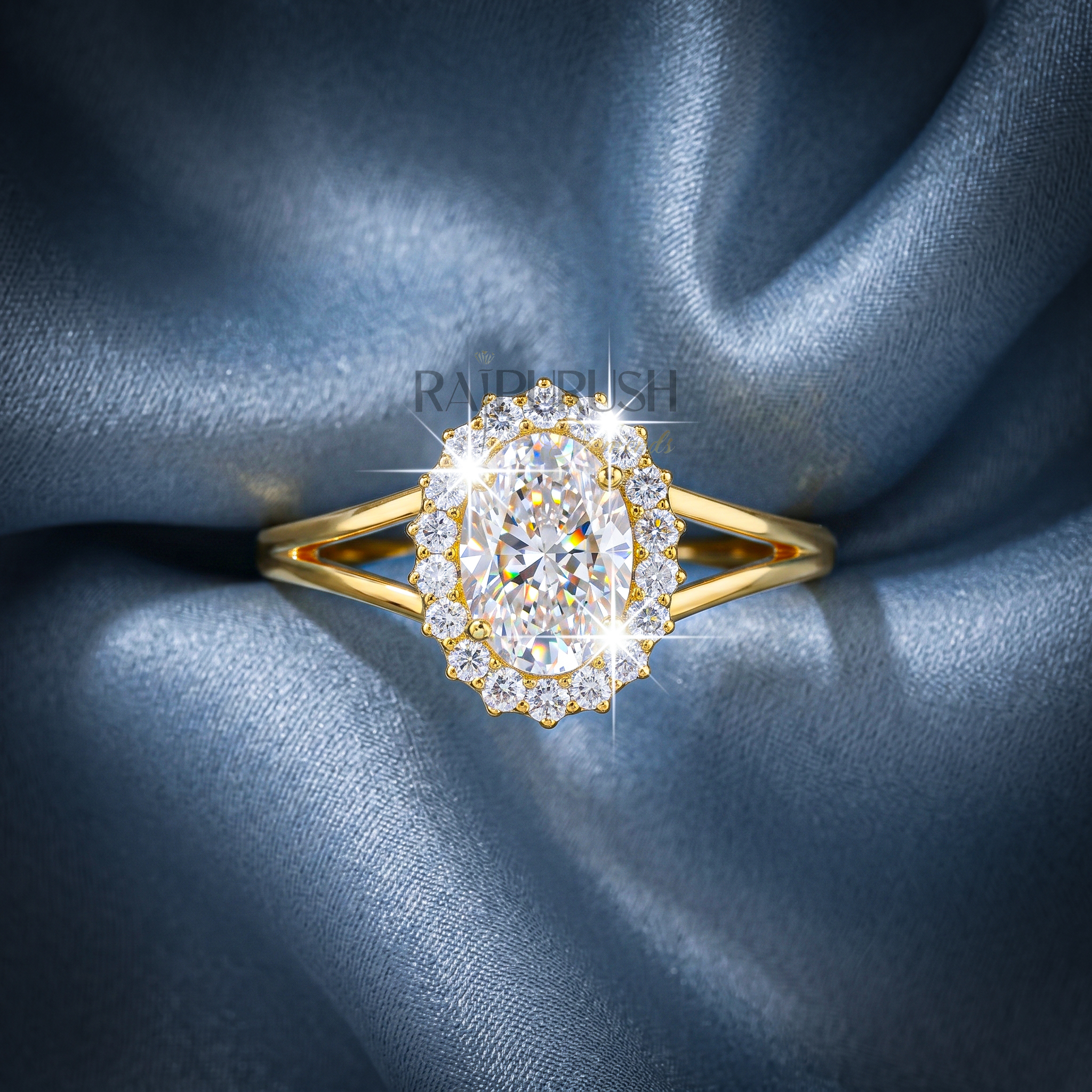 2 Carat oval cut moissanite engagement ring with a delicate halo setting,finished in 14k yellow/rose gold plating.