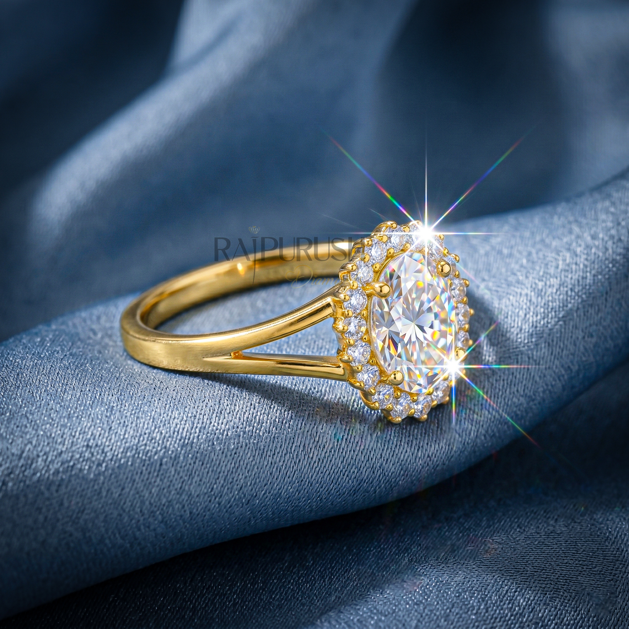 2 Carat oval cut moissanite engagement ring with a delicate halo setting,finished in 14k yellow/rose gold plating.