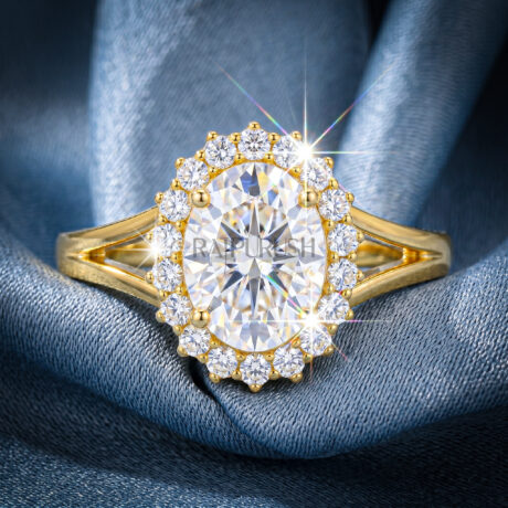2 Carat oval cut moissanite engagement ring with a delicate halo setting,finished in 14k yellow/rose gold plating.