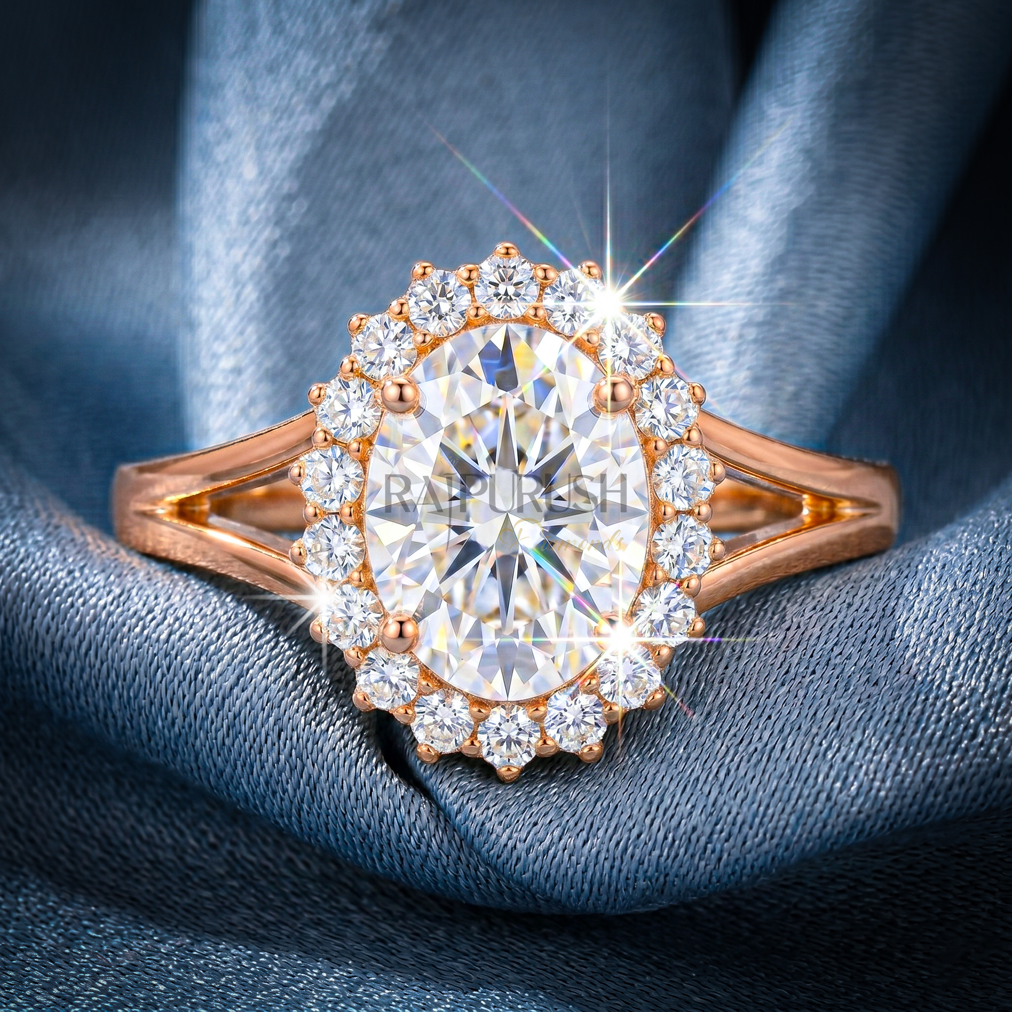 2 Carat oval cut moissanite engagement ring with a delicate halo setting,finished in 14k yellow/rose gold plating.