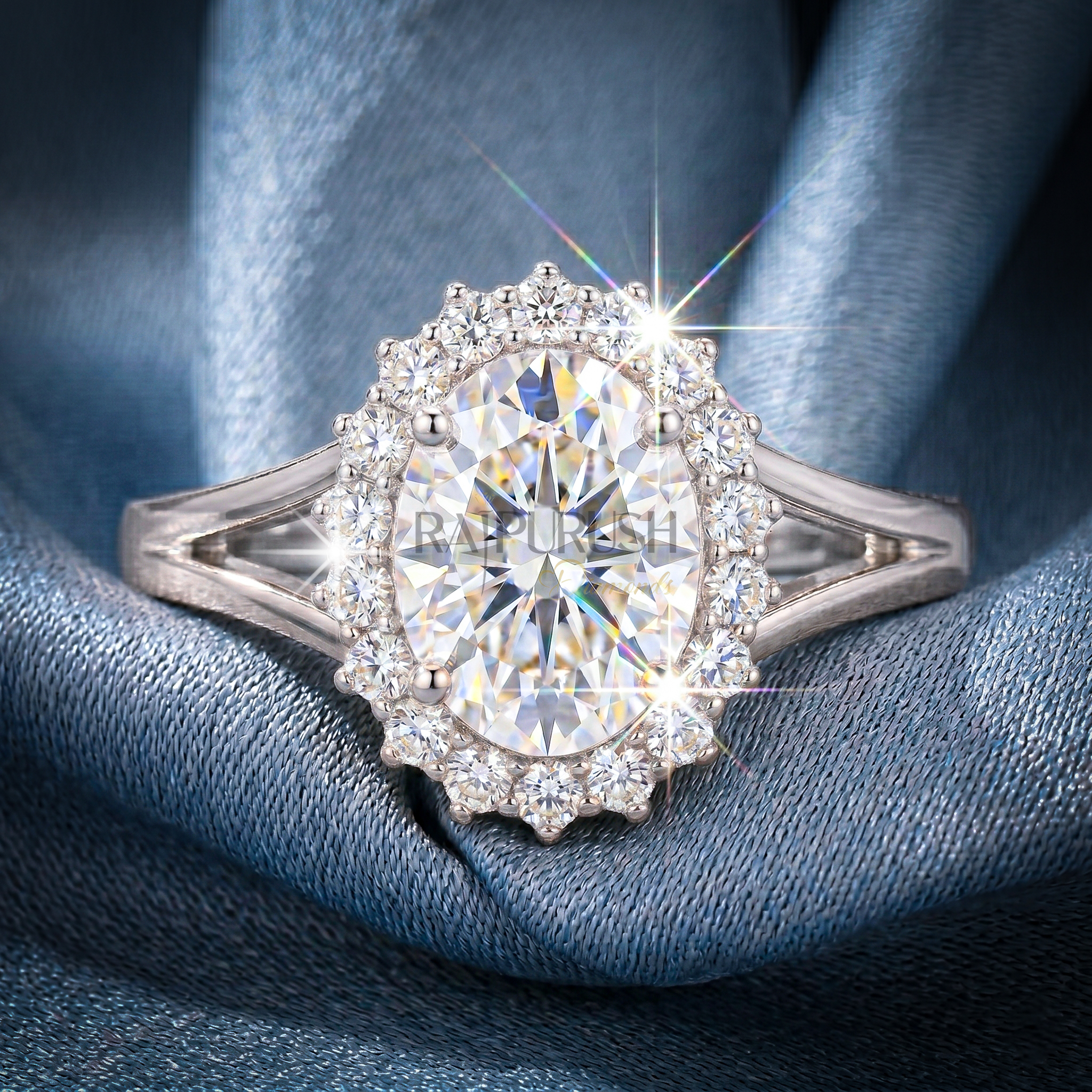 2 Carat oval cut moissanite engagement ring with a delicate halo setting,finished in 14k yellow/rose gold plating.
