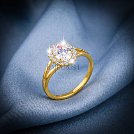 2 Carat oval cut moissanite engagement ring with a delicate halo setting,finished in 14k yellow/rose gold plating.