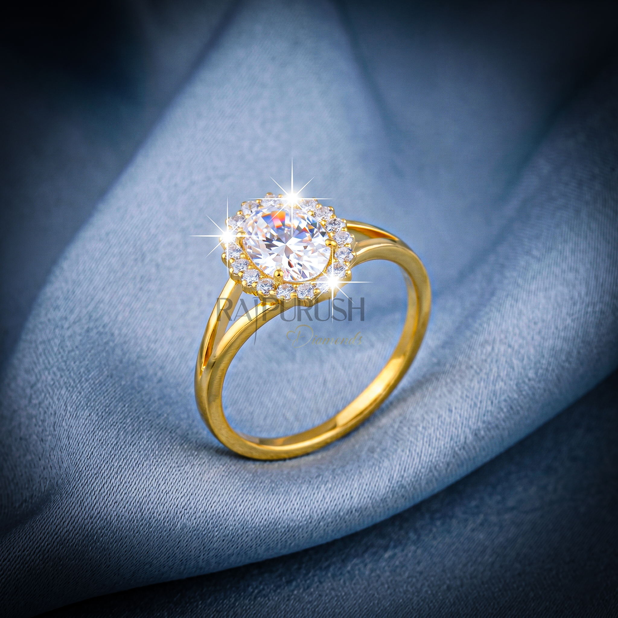2 Carat oval cut moissanite engagement ring with a delicate halo setting,finished in 14k yellow/rose gold plating.