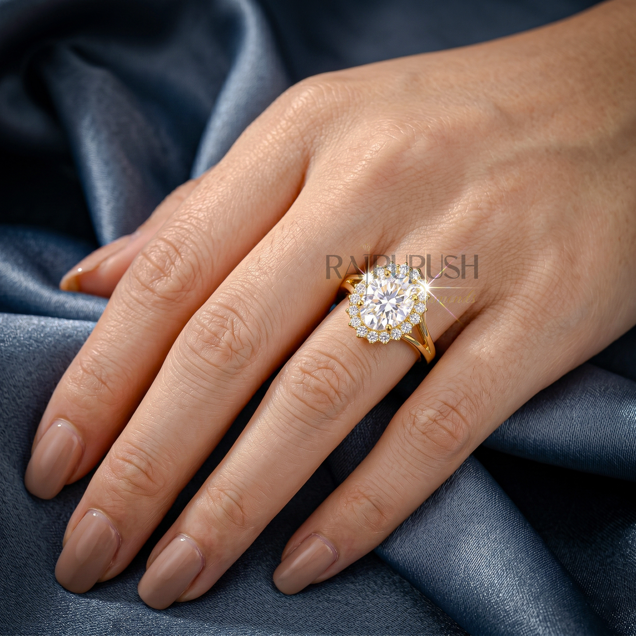 2 Carat oval cut moissanite engagement ring with a delicate halo setting,finished in 14k yellow/rose gold plating.