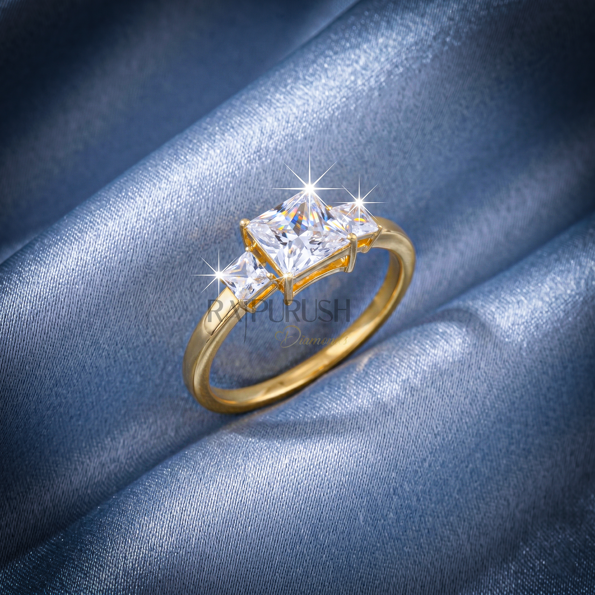 1.50 Carat princess cut moissanite engagement ring with two side stones in a classic three-stone setting, finished in 14k yellow/rose gold plating.