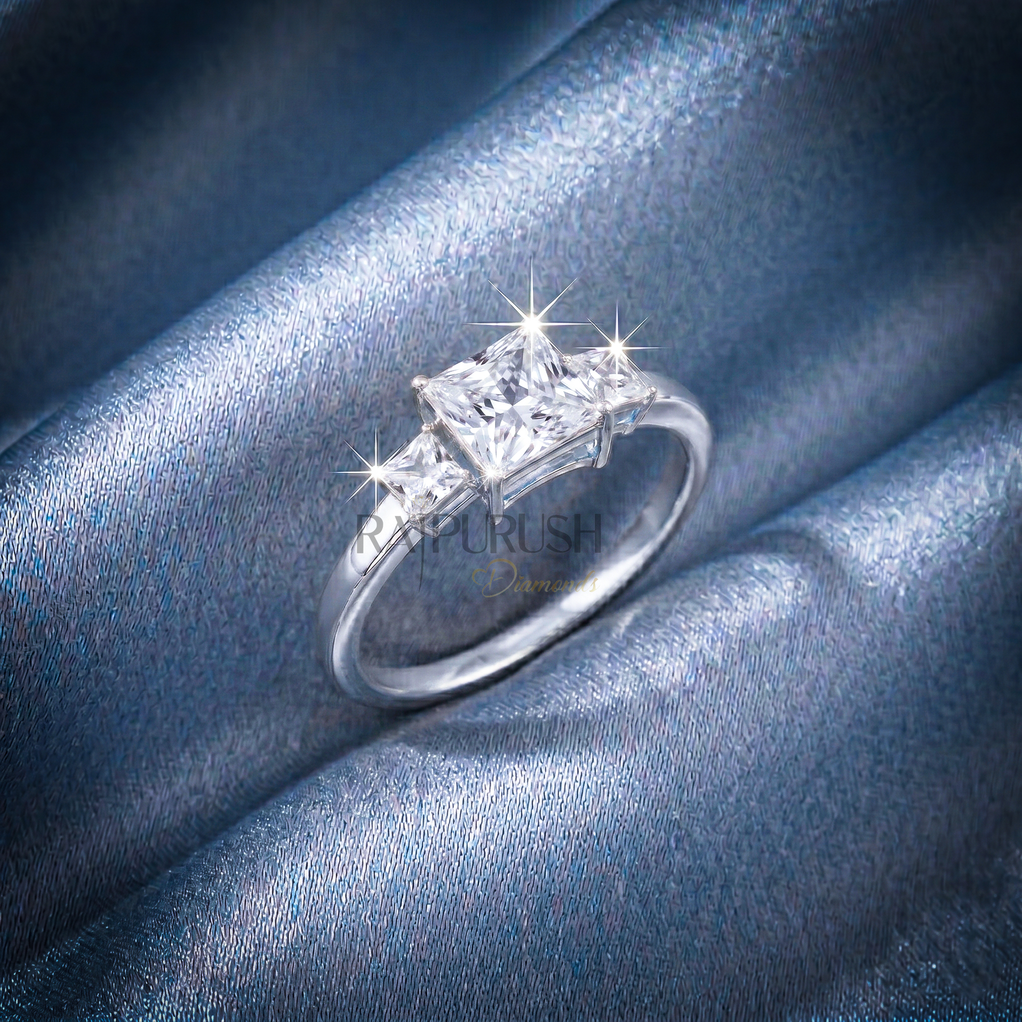 1.50 Carat princess cut moissanite engagement ring with two side stones in a classic three-stone setting, finished in 14k yellow/rose gold plating.