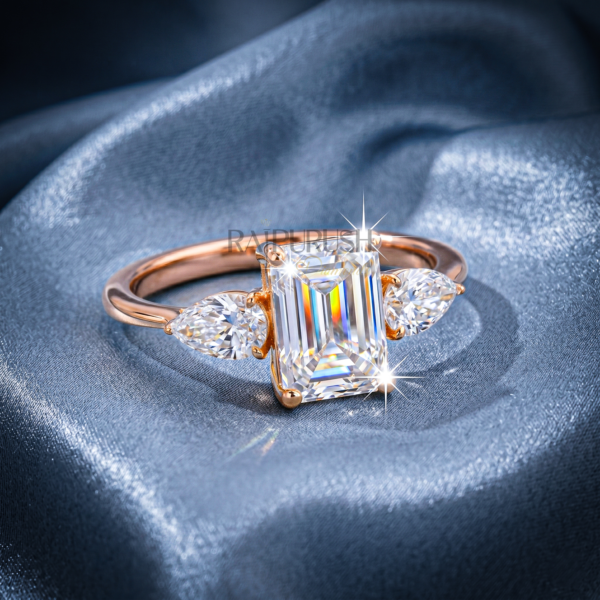 Elegant emerald-cut moissanite engagement ring with pear-shaped side stones, finished in 14k yellow/rose gold plating.