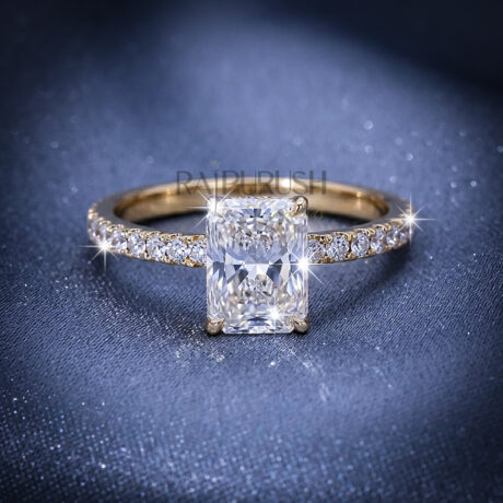 "1.5ct radiant cut moissanite engagement ring with hidden halo and side stones in 14k gold finish".
