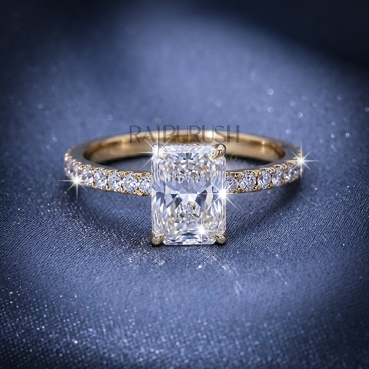 "1.5ct radiant cut moissanite engagement ring with hidden halo and side stones in 14k gold finish".