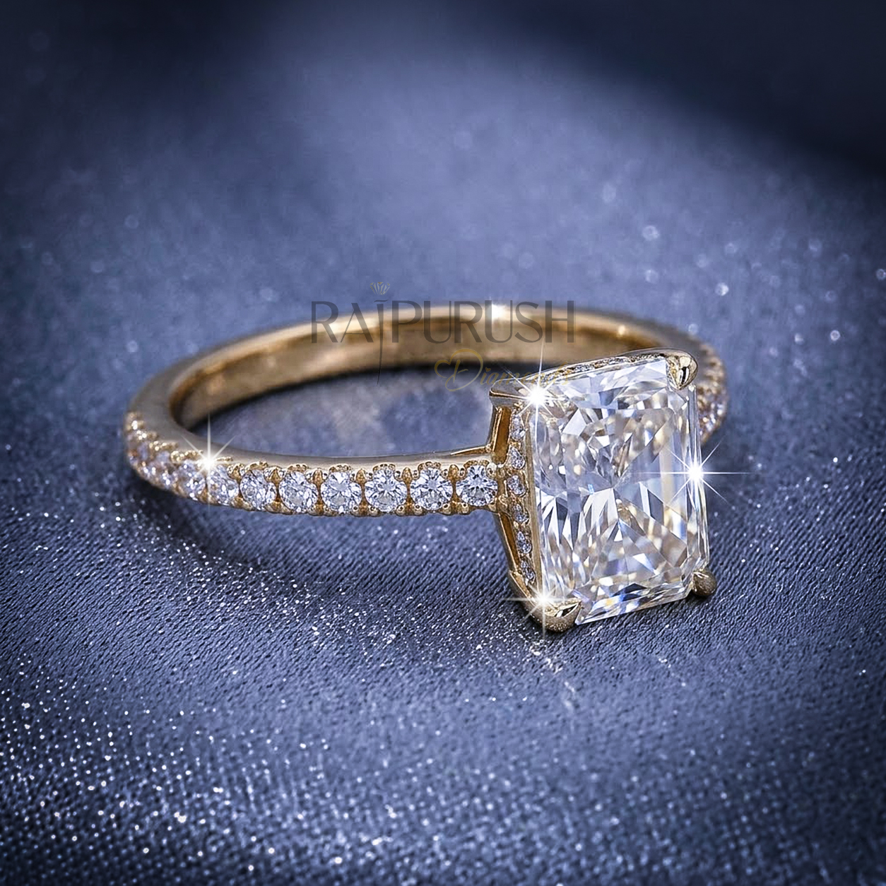 "1.5ct radiant cut moissanite engagement ring with hidden halo and side stones in 14k gold finish".
