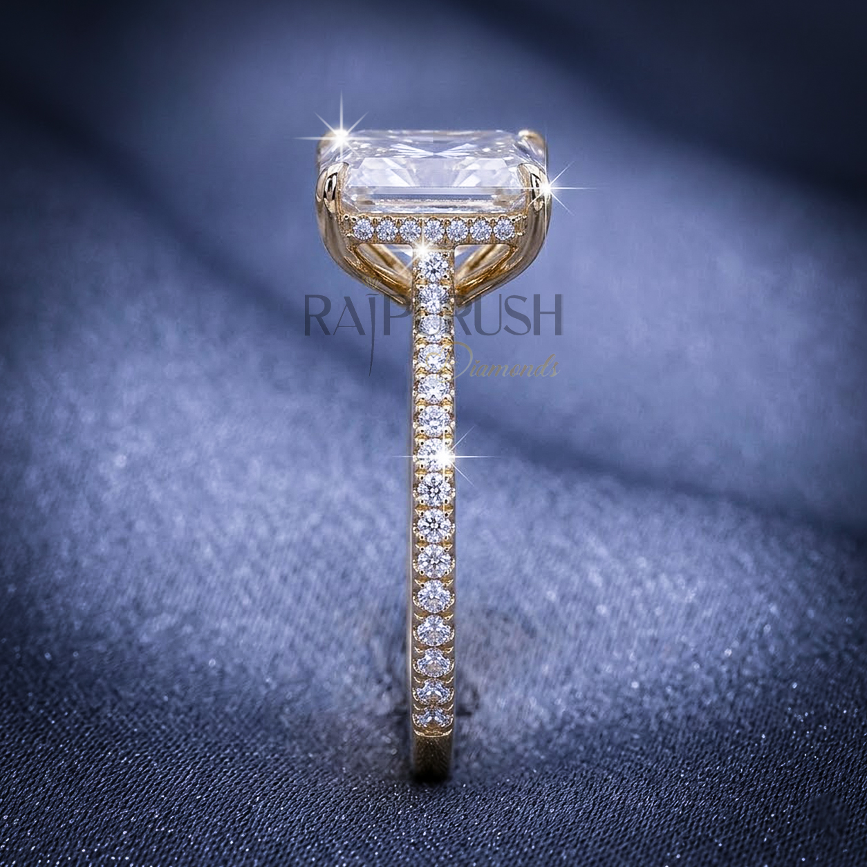 "1.5ct radiant cut moissanite engagement ring with hidden halo and side stones in 14k gold finish".