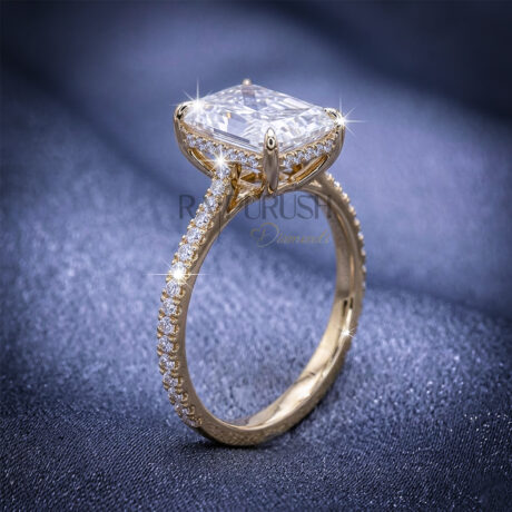 "1.5ct radiant cut moissanite engagement ring with hidden halo and side stones in 14k gold finish".