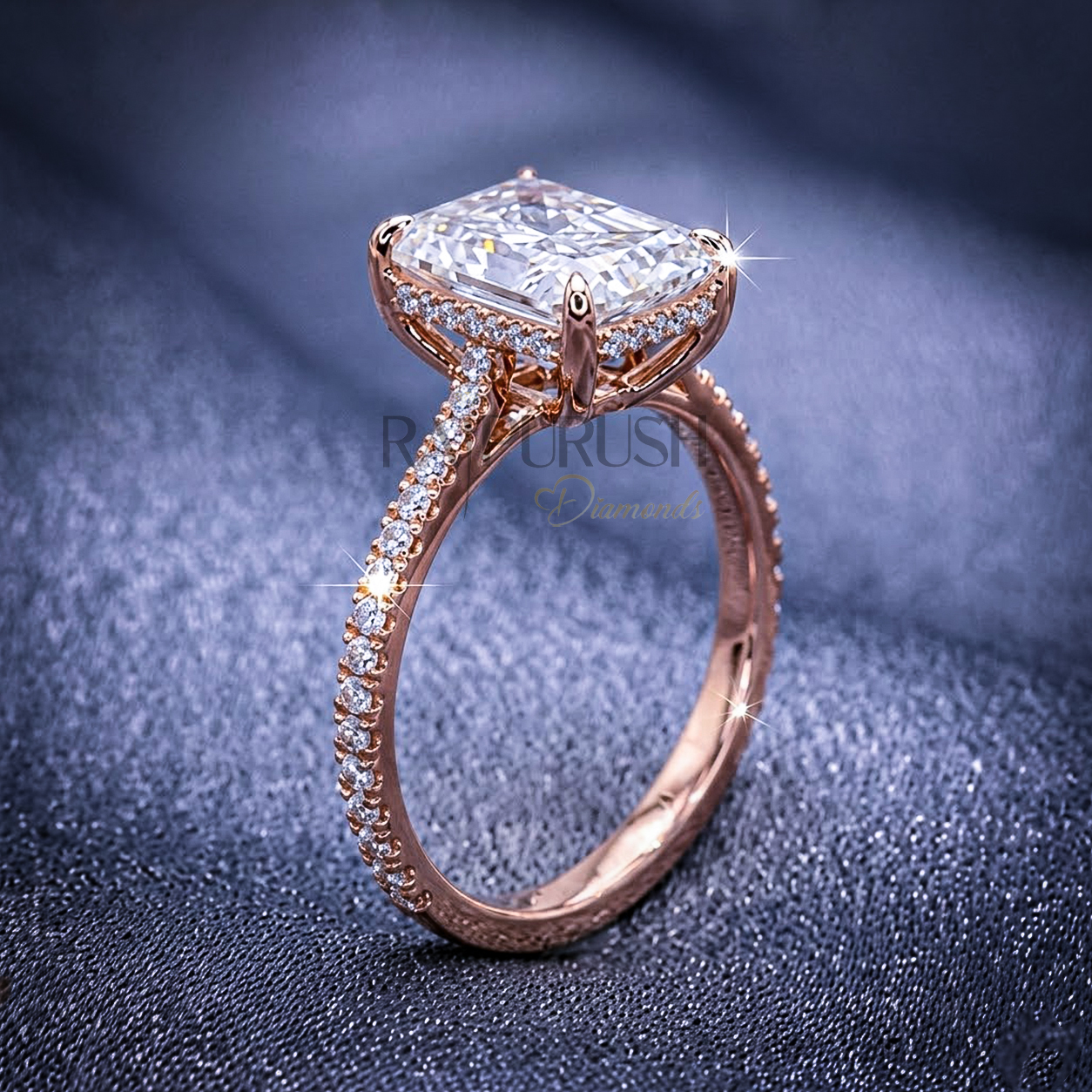 "1.5ct radiant cut moissanite engagement ring with hidden halo and side stones in 14k gold finish".