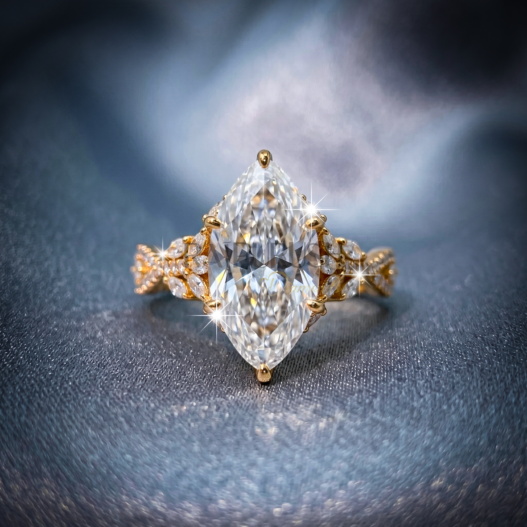 A stunning 3ct marquise-cut moissanite engagement ring featuring intricate side details in polished 14k yellow gold