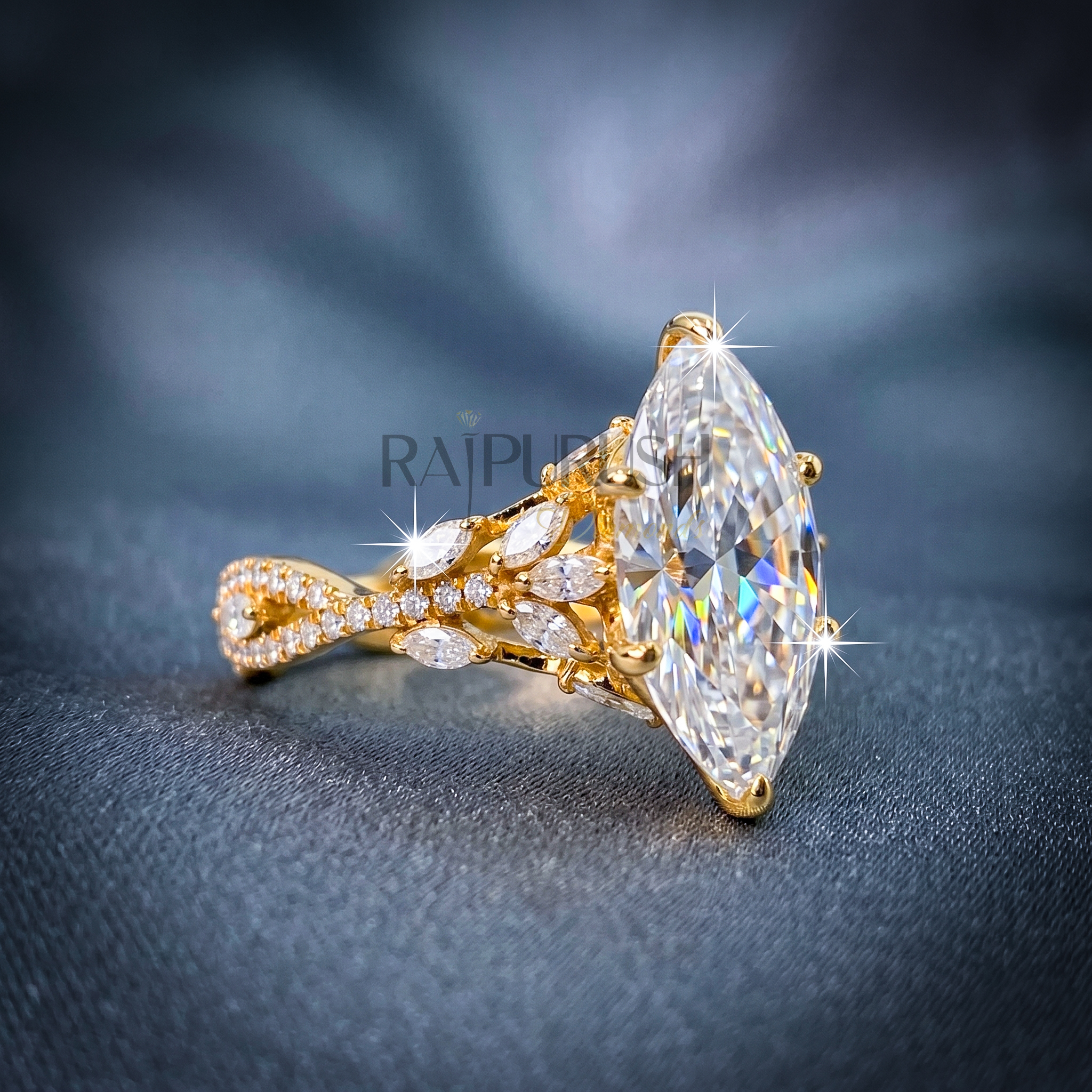 A stunning 3ct marquise-cut moissanite engagement ring featuring intricate side details in polished 14k yellow gold
