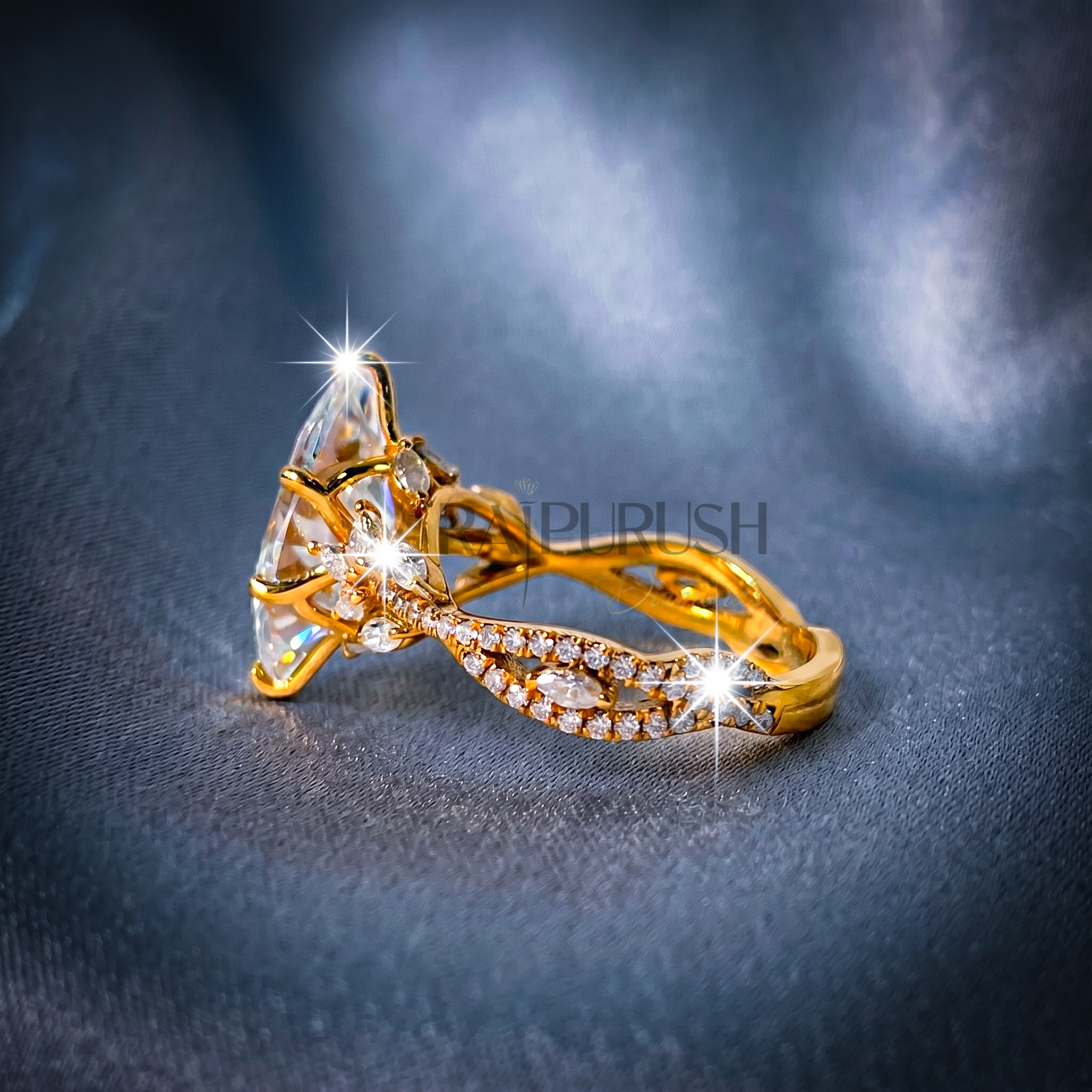 A stunning 3ct marquise-cut moissanite engagement ring featuring intricate side details in polished 14k yellow gold