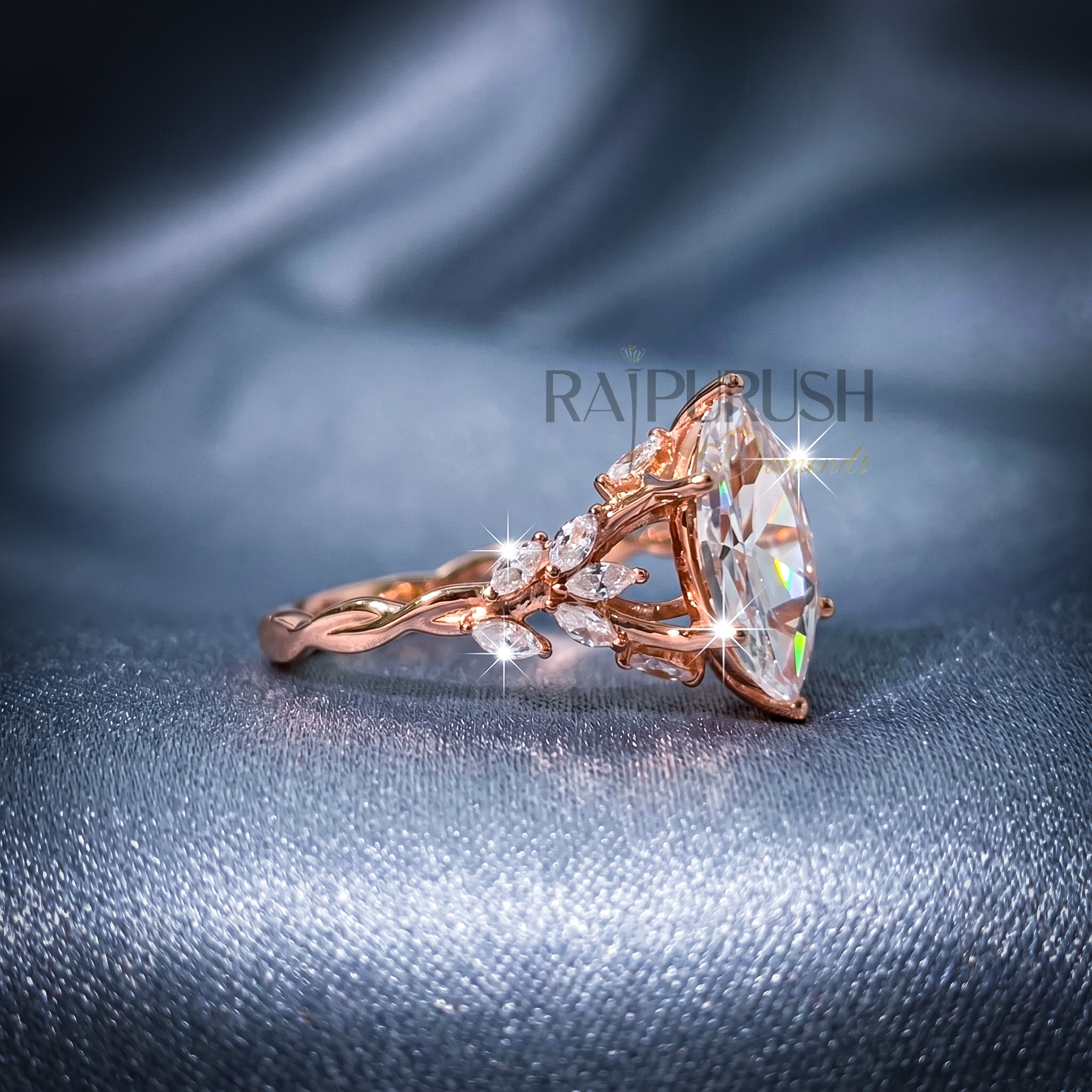 Modern 925 sterling silver engagement ring featuring a horizontally set marquise cut moissanite diamond solitaire on an ultra-dainty high-polish rose gold plating band