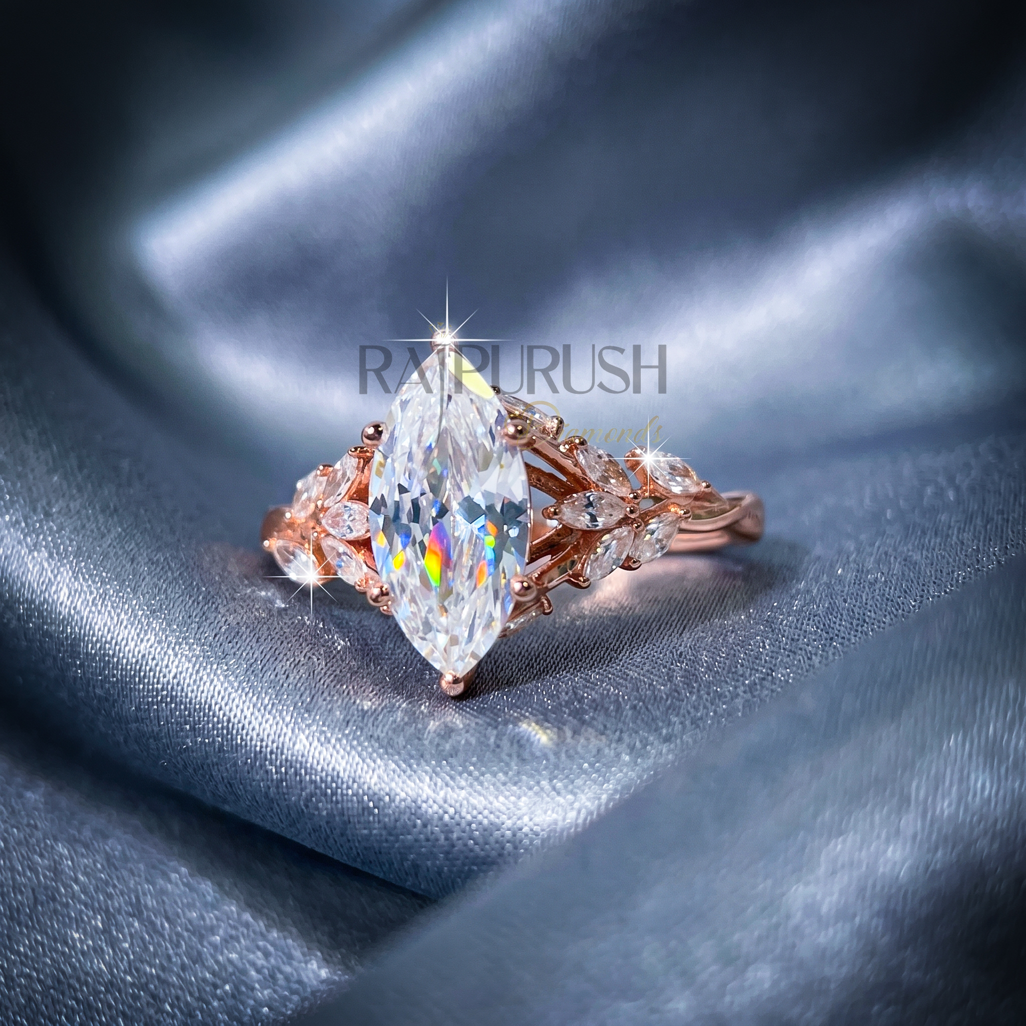 Modern 925 sterling silver engagement ring featuring a horizontally set marquise cut moissanite diamond solitaire on an ultra-dainty high-polish rose gold plating band