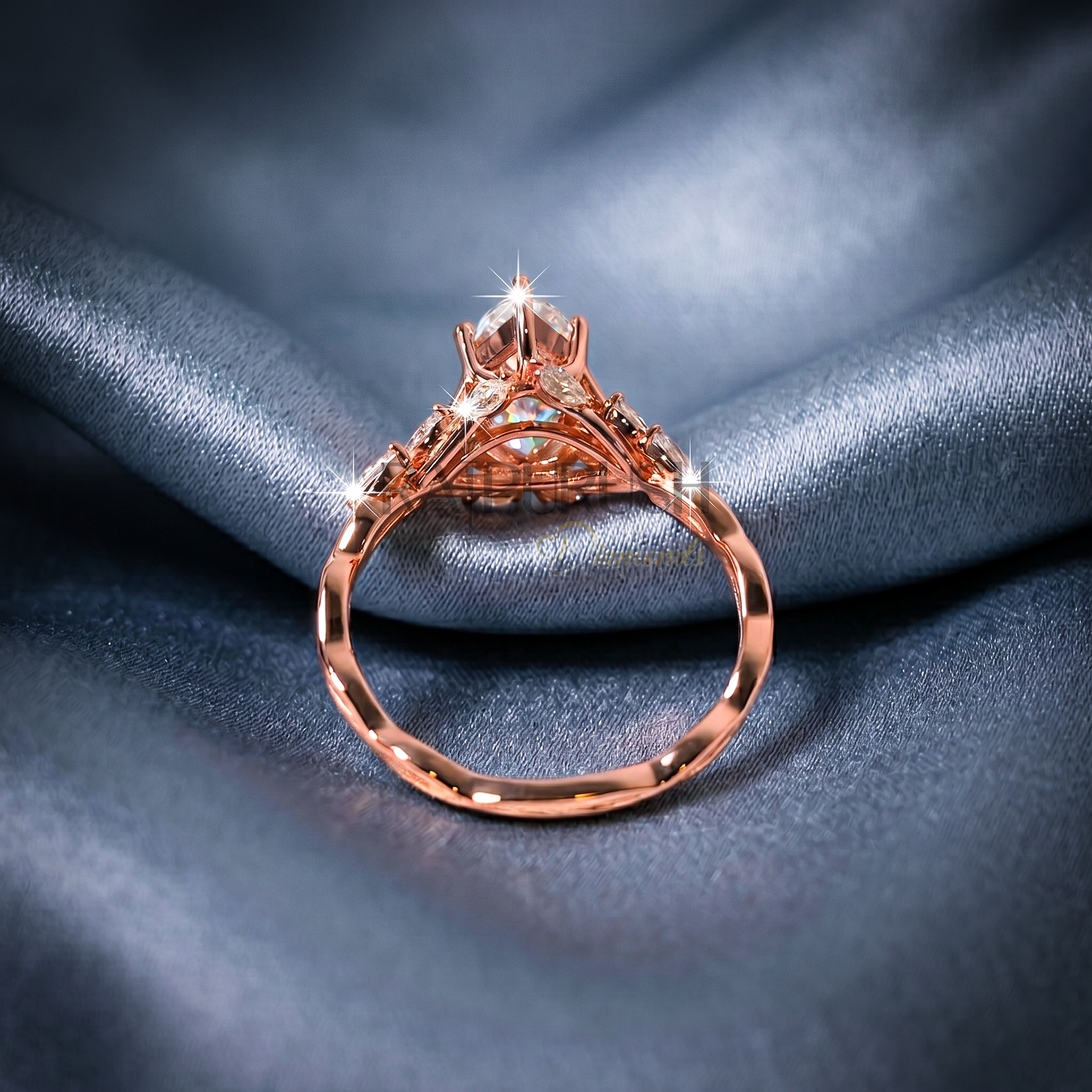 Modern 925 sterling silver engagement ring featuring a horizontally set marquise cut moissanite diamond solitaire on an ultra-dainty high-polish rose gold plating band
