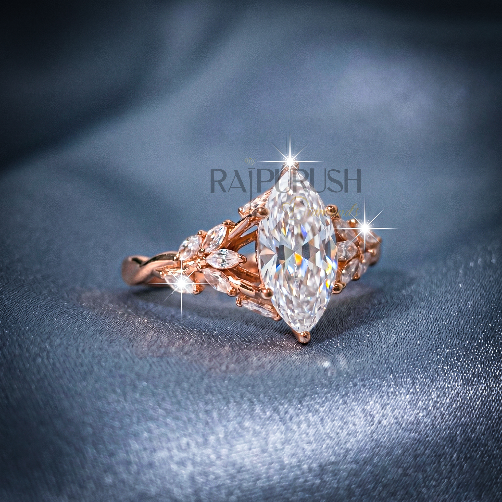 Modern 925 sterling silver engagement ring featuring a horizontally set marquise cut moissanite diamond solitaire on an ultra-dainty high-polish rose gold plating band
