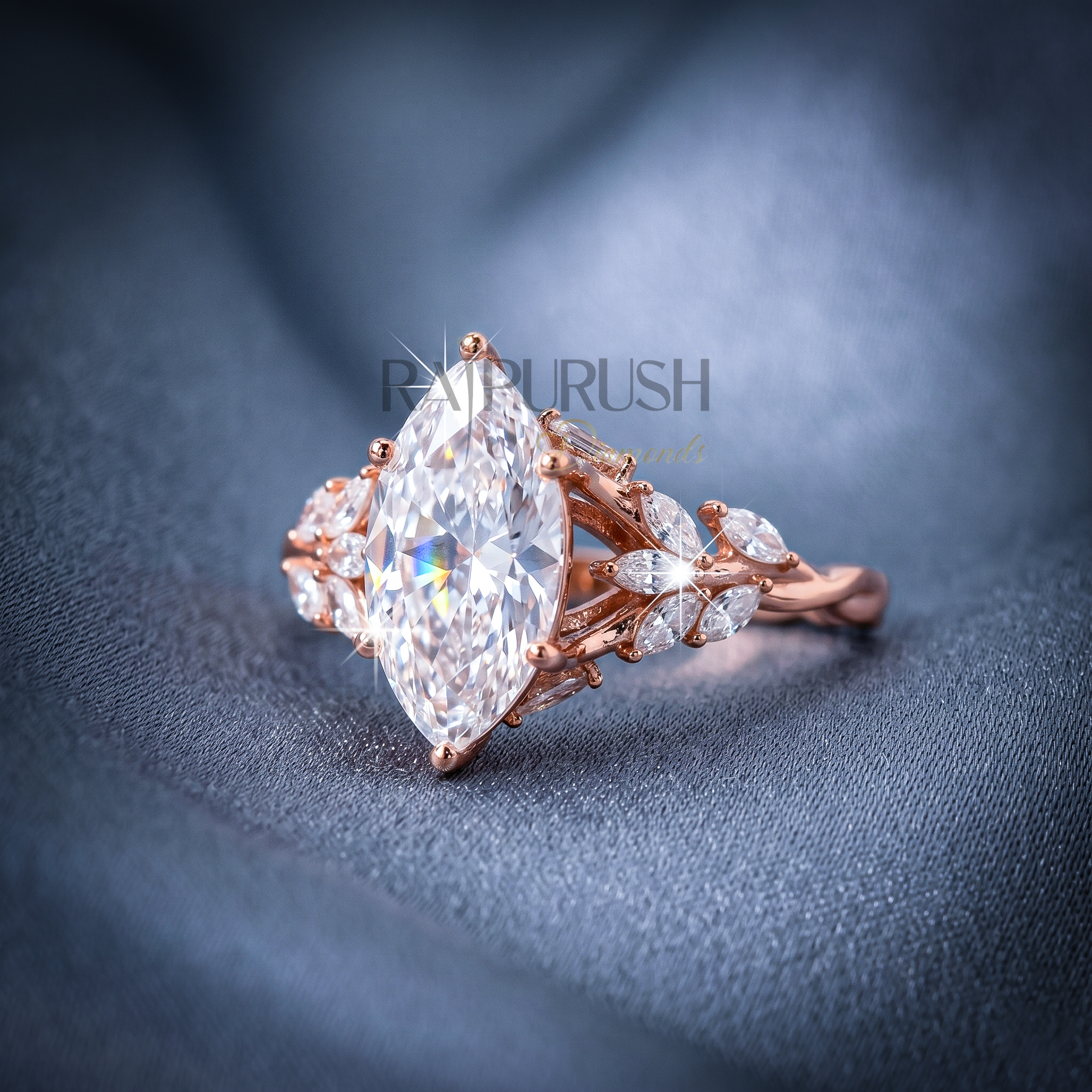Modern 925 sterling silver engagement ring featuring a horizontally set marquise cut moissanite diamond solitaire on an ultra-dainty high-polish rose gold plating band
