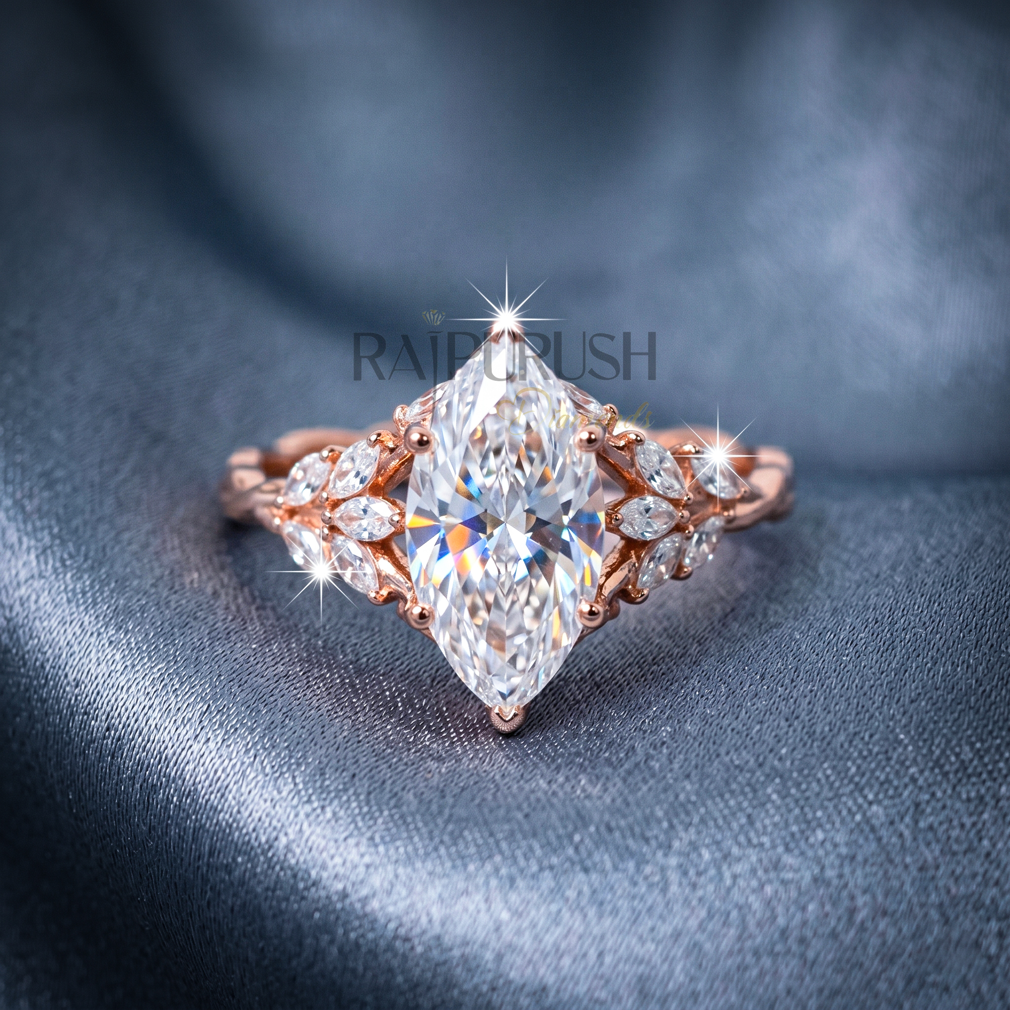 Modern 925 sterling silver engagement ring featuring a horizontally set marquise cut moissanite diamond solitaire on an ultra-dainty high-polish rose gold plating band