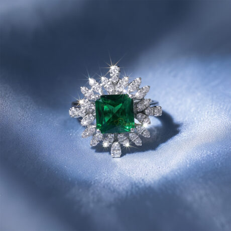 Vibrant Square cut green sapphire center stone inside a sparkling moissanite snowflake cluster halo ring crafted in 925 sterling silver on blue silk.