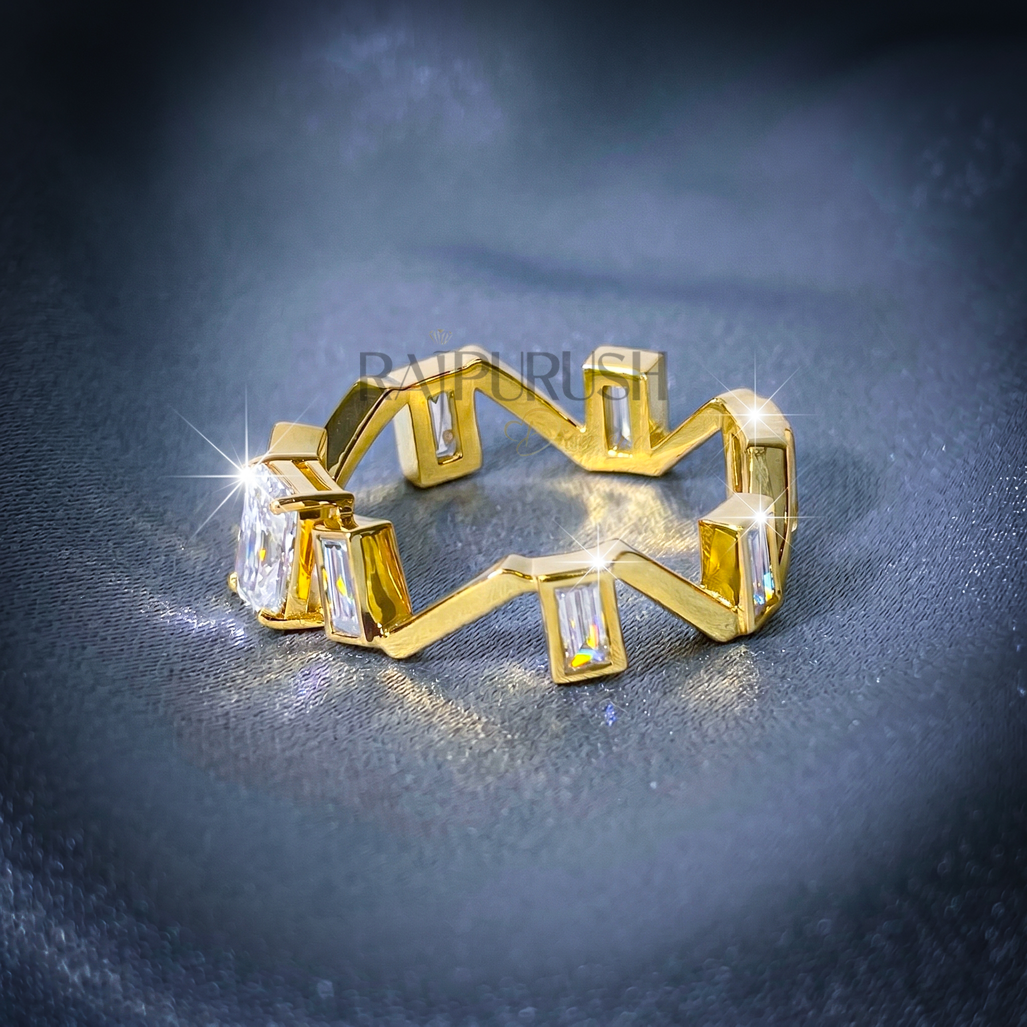 Close-up of a radiant cut and baguette moissanite engagement ring in 14k yellow gold plated sterling silver