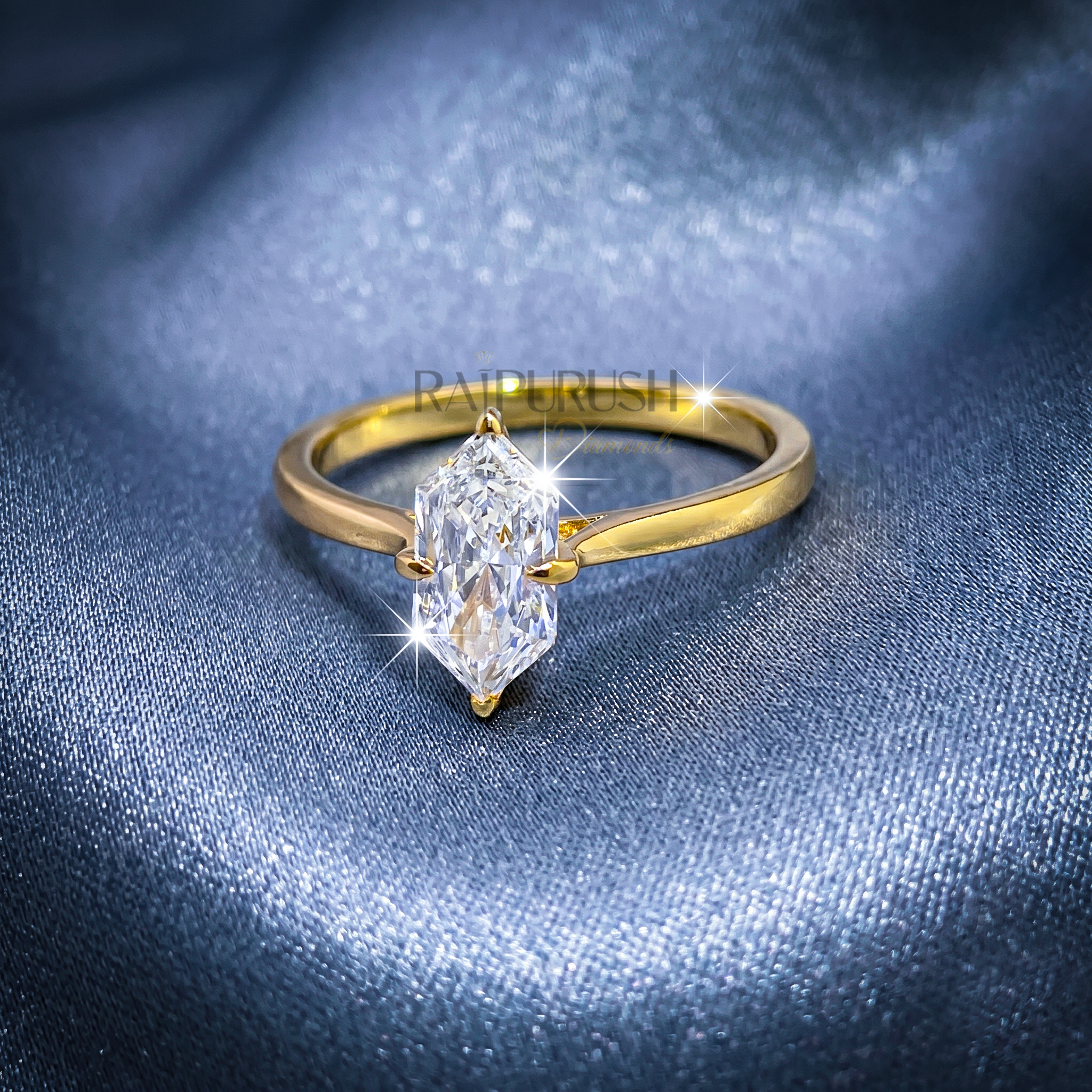 A striking Dutch Marquise cut moissanite engagement ring featuring a sleek solitaire setting in 14k gold-plated silver