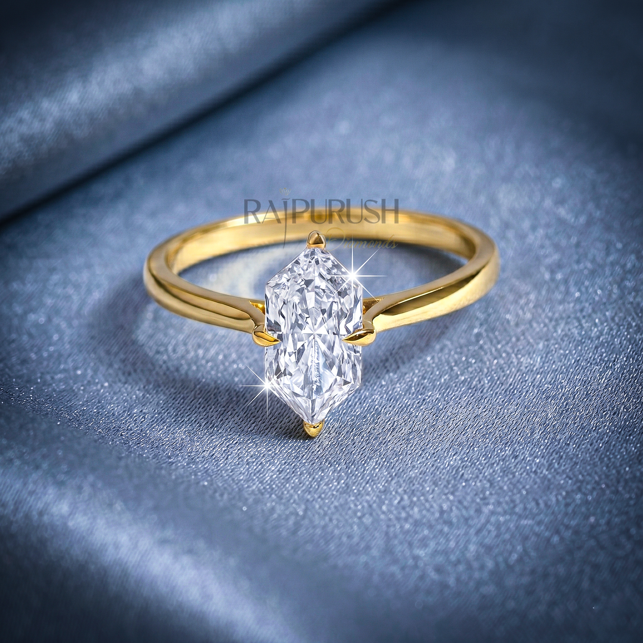 A striking Dutch Marquise cut moissanite engagement ring featuring a sleek solitaire setting in 14k gold-plated silver