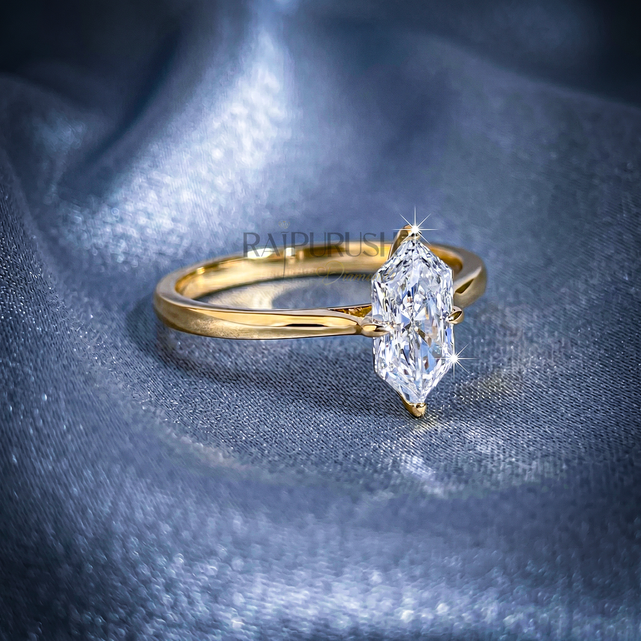 A striking Dutch Marquise cut moissanite engagement ring featuring a sleek solitaire setting in 14k gold-plated silver