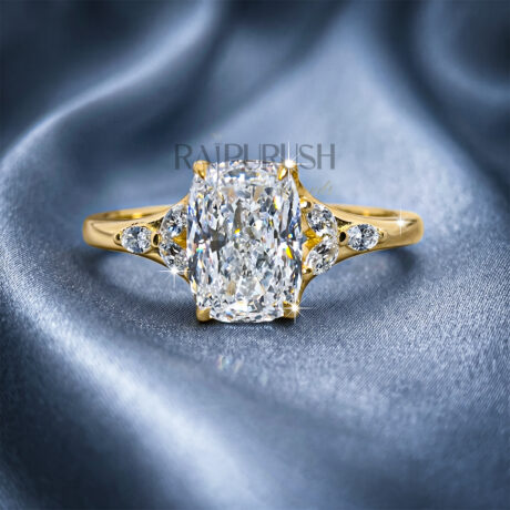 a stunning engagement ring featuring a large Cushion cut center stone flanked by marquise cut side stones in 14k gold-plated sterling silver