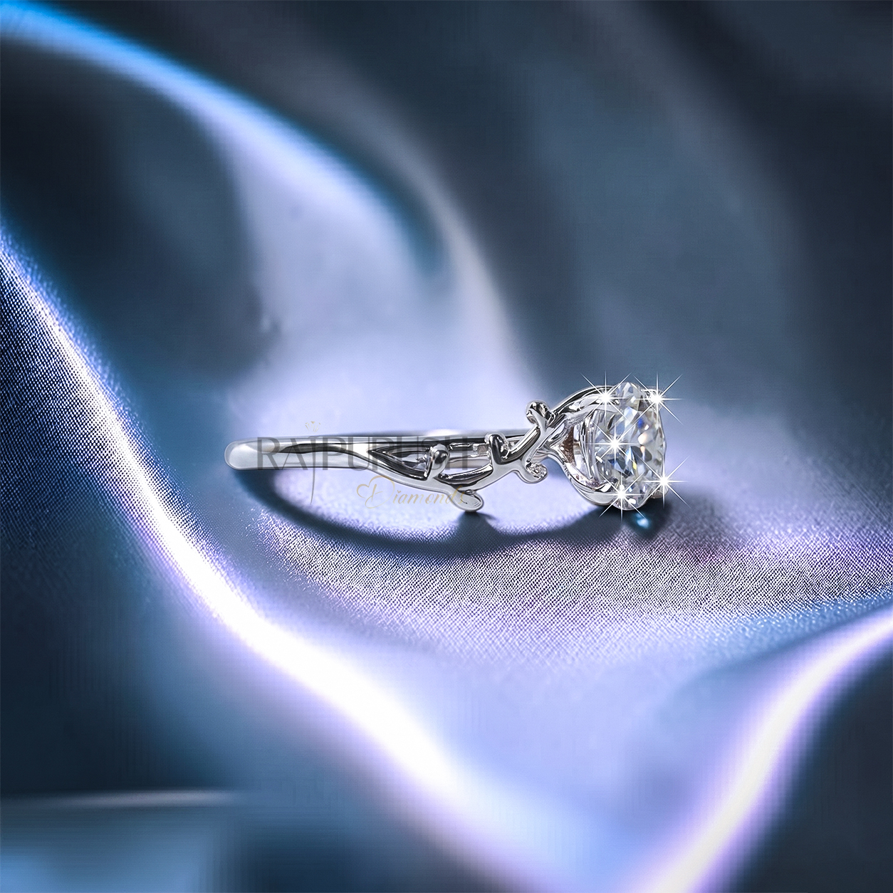Unique nature-inspired engagement ring in S925 sterling silver featuring a textured twig branch band accented with marquise diamond leaves and a round moissanite center stone.