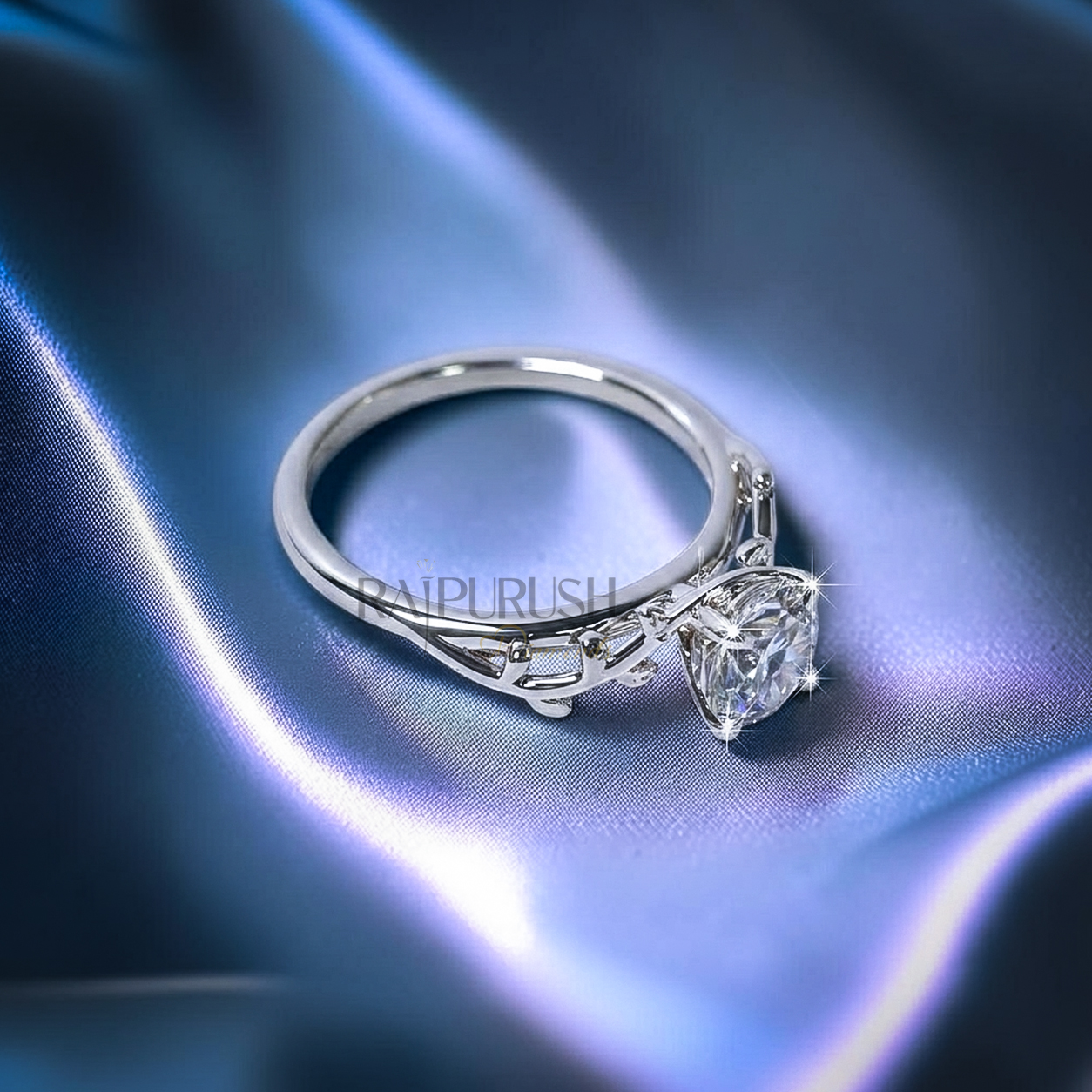 Unique nature-inspired engagement ring in S925 sterling silver featuring a textured twig branch band accented with marquise diamond leaves and a round moissanite center stone.