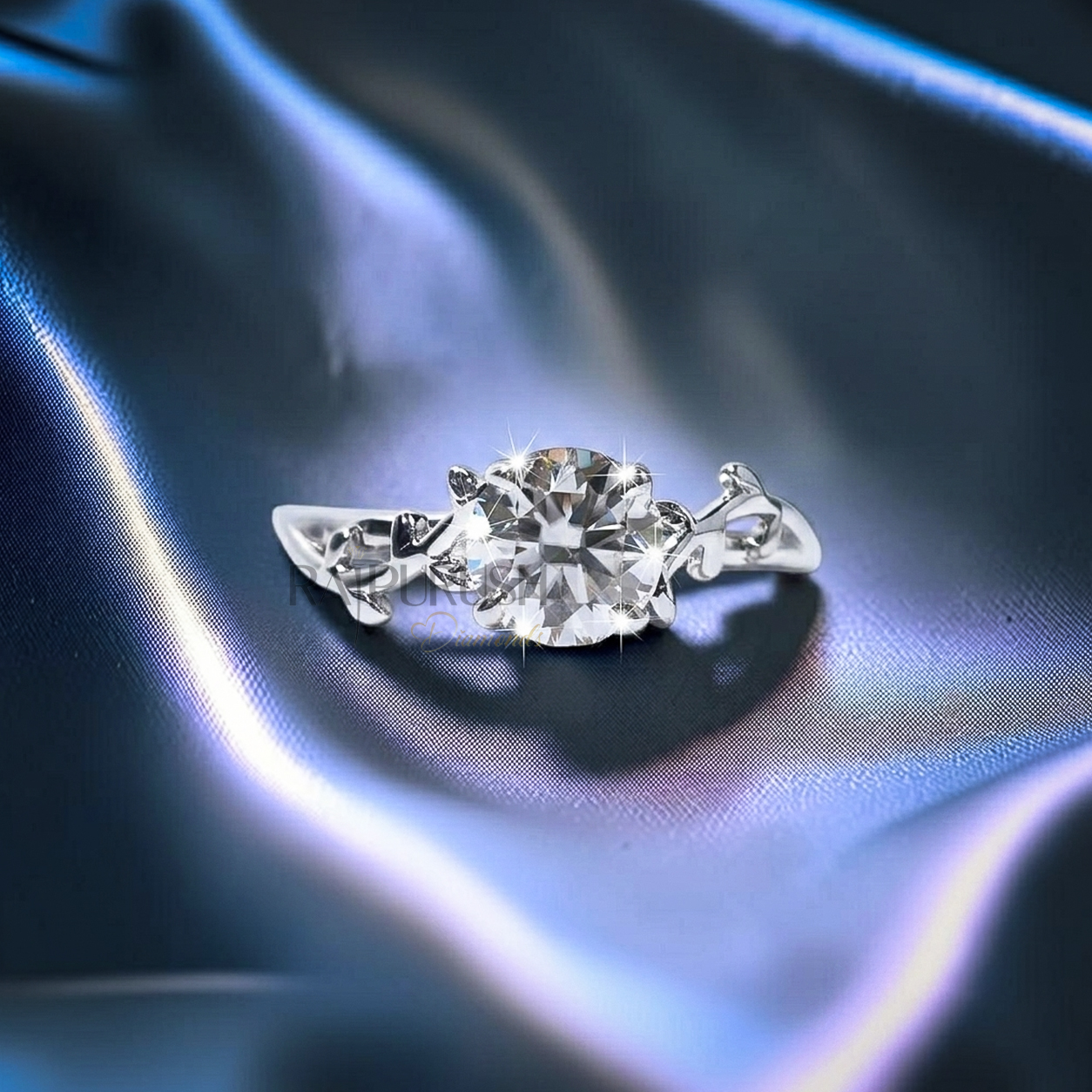Unique nature-inspired engagement ring in S925 sterling silver featuring a textured twig branch band accented with marquise diamond leaves and a round moissanite center stone.
