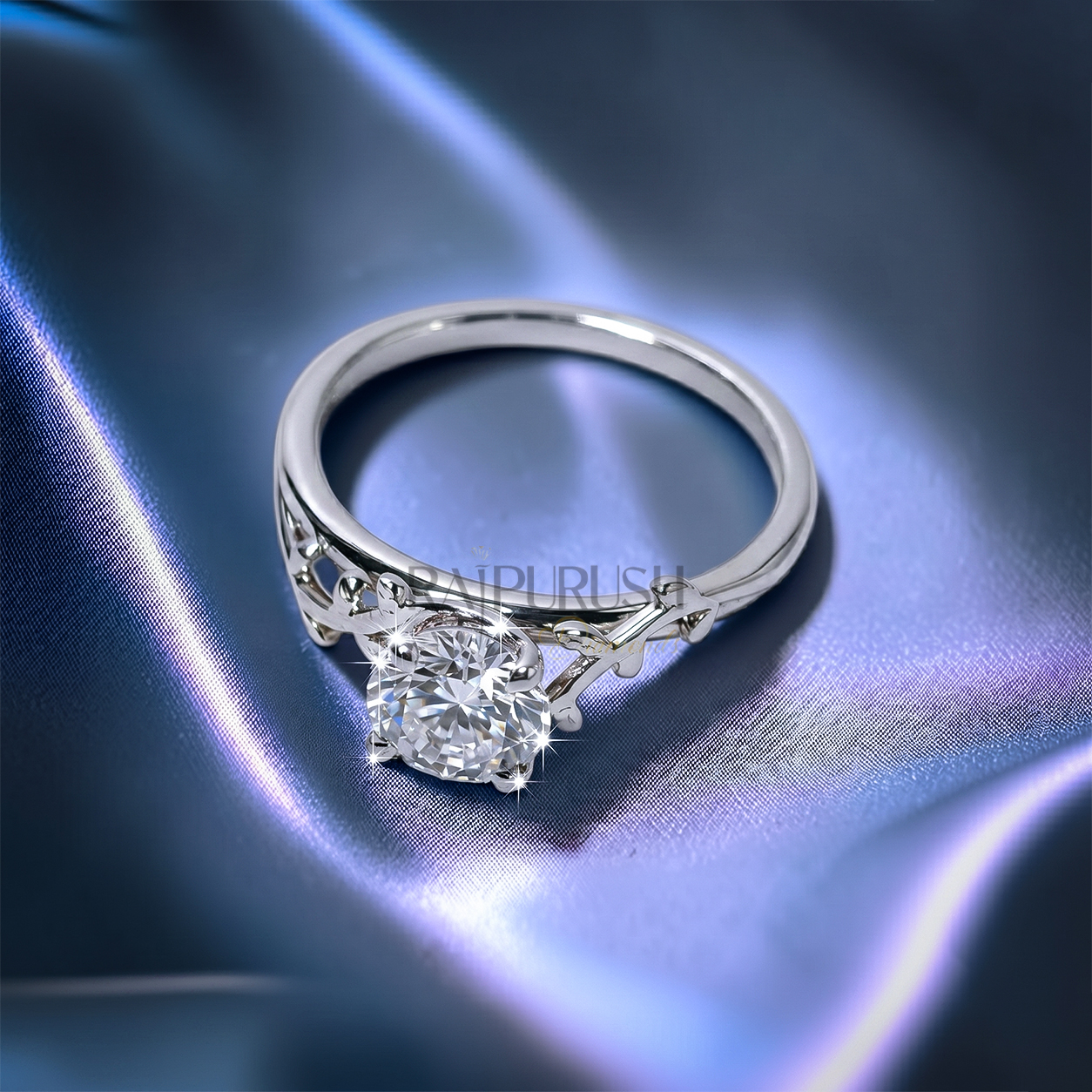 Unique nature-inspired engagement ring in S925 sterling silver featuring a textured twig branch band accented with marquise diamond leaves and a round moissanite center stone.