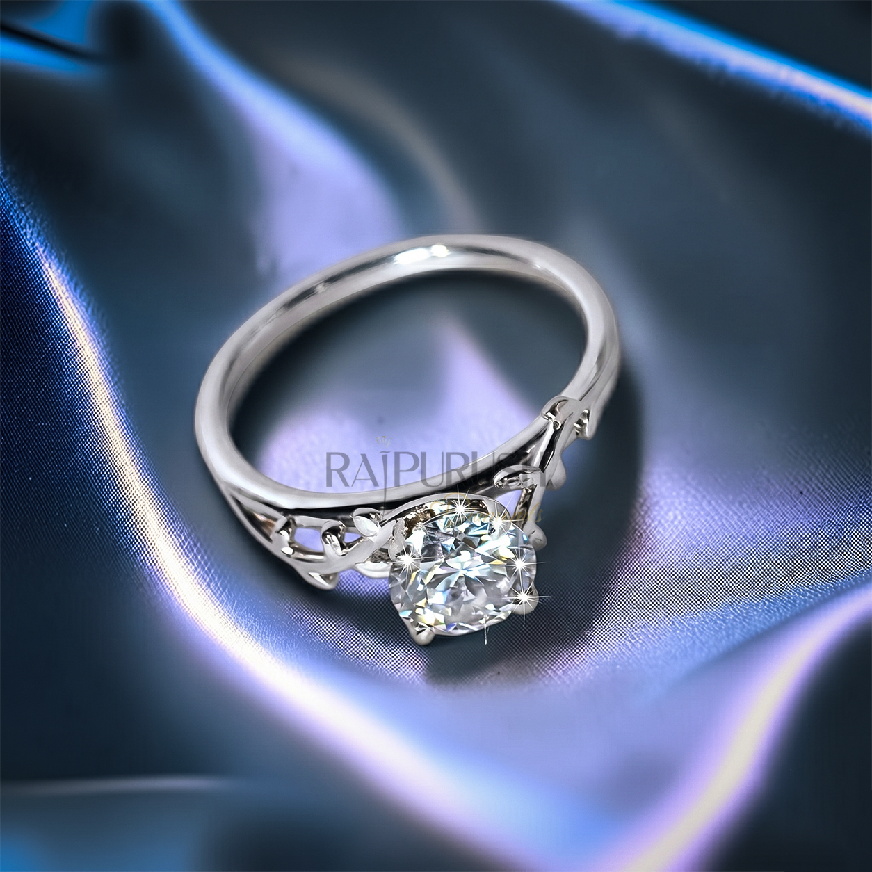 Unique nature-inspired engagement ring in S925 sterling silver featuring a textured twig branch band accented with marquise diamond leaves and a round moissanite center stone.