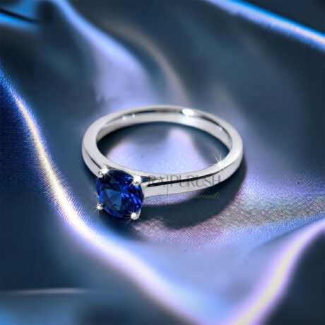 Brilliant Cut Sapphire Ring, 1CT Round deep blue sapphire solitaire ring in Sterling Silver.