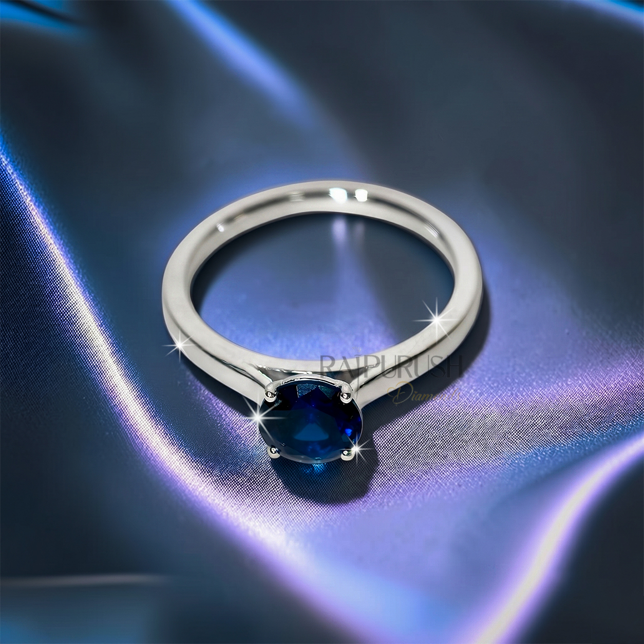 Brilliant Cut Sapphire Ring, 1CT Round deep blue sapphire solitaire ring in Sterling Silver.