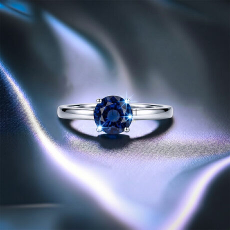 Brilliant Cut Sapphire Ring, 1CT Round deep blue sapphire solitaire ring in Sterling Silver.